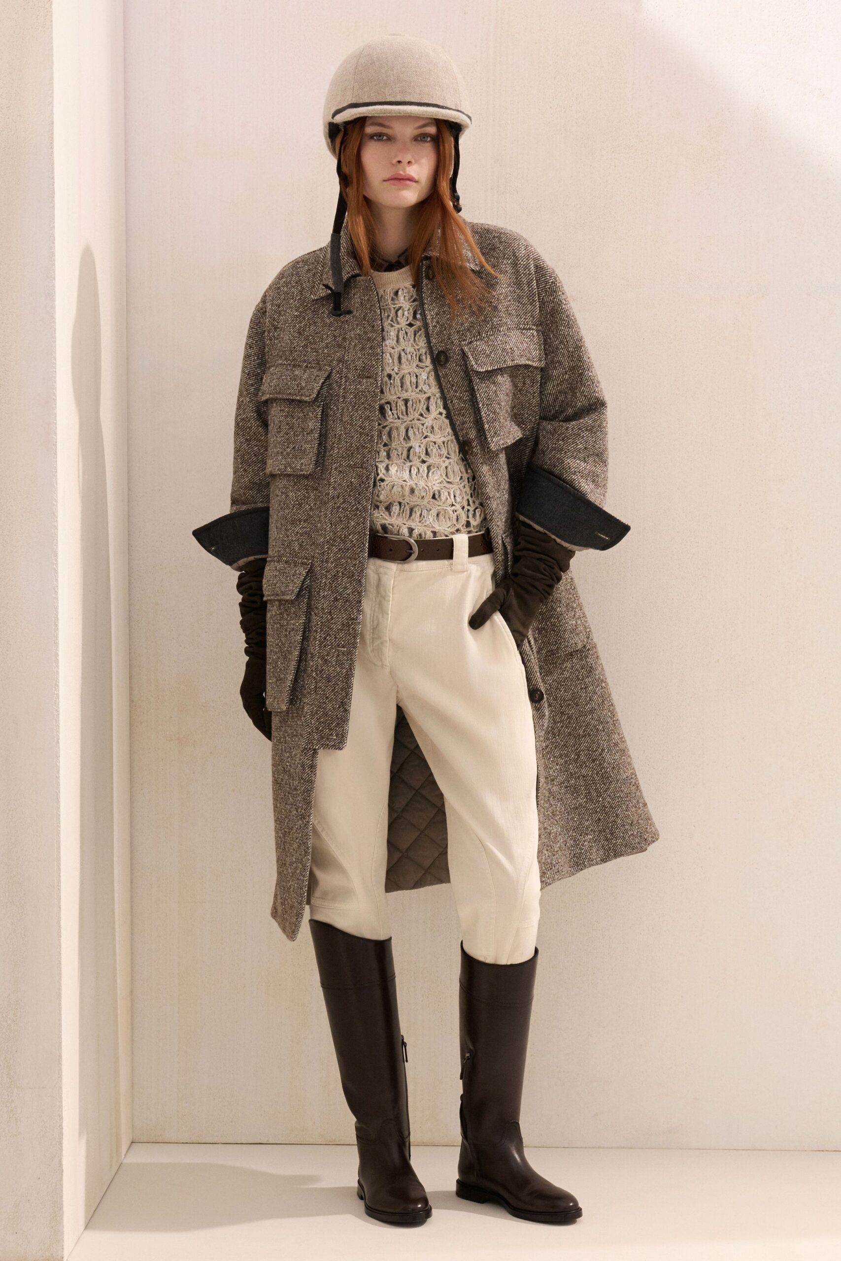 brown wool long-sleeve collared relaxed pockets midi coat