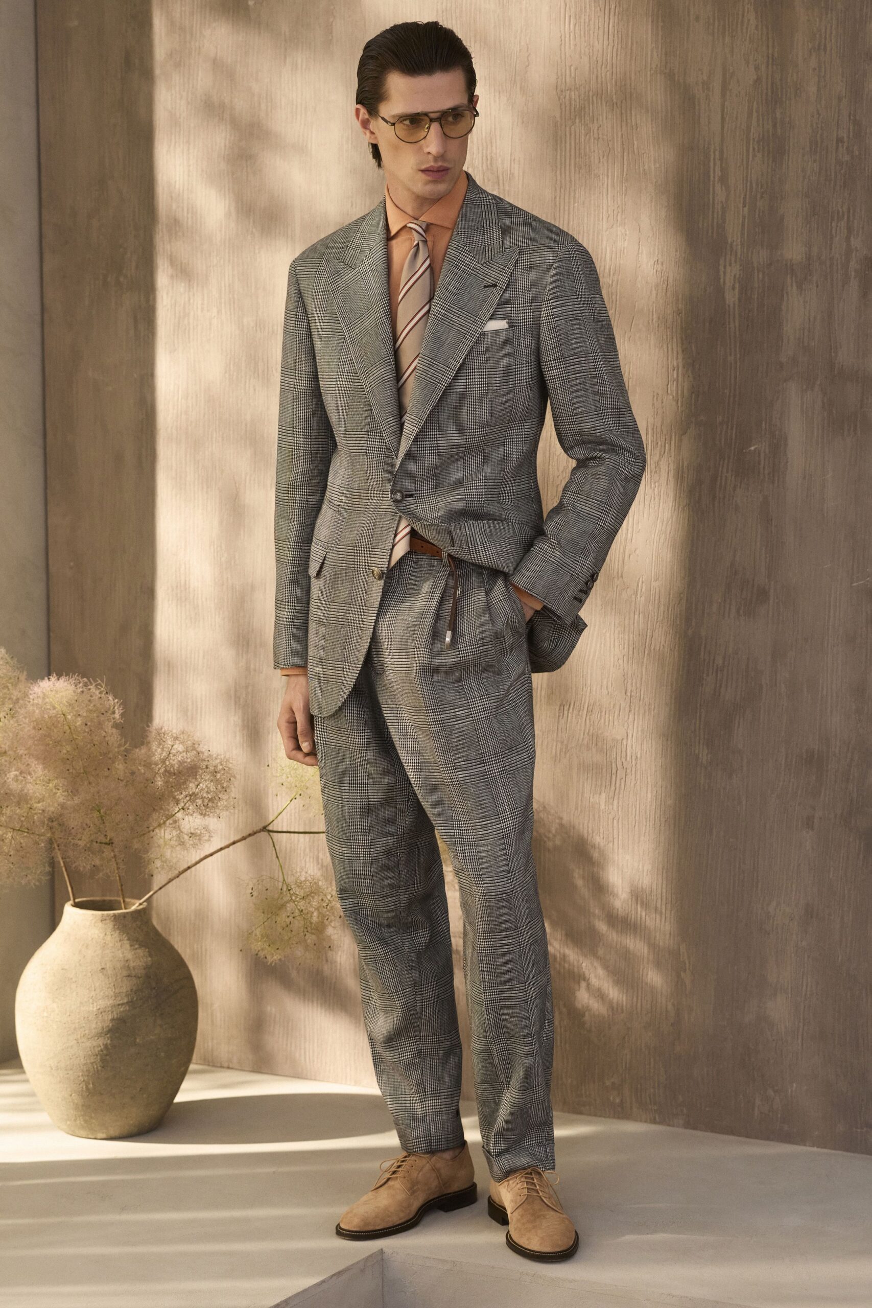 gray wool long-sleeve collared structured checked buttoned blazer