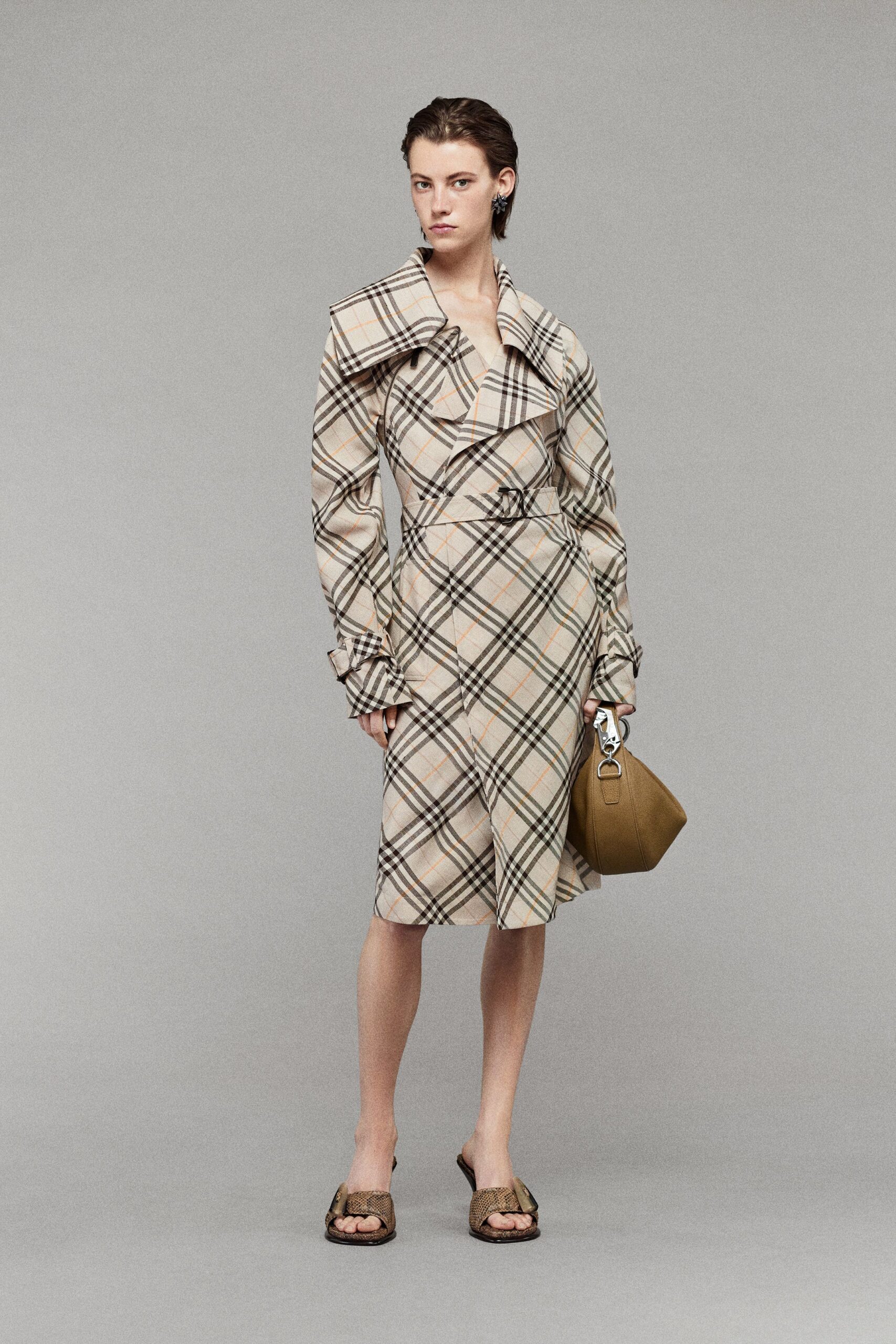 beige checked midi dress