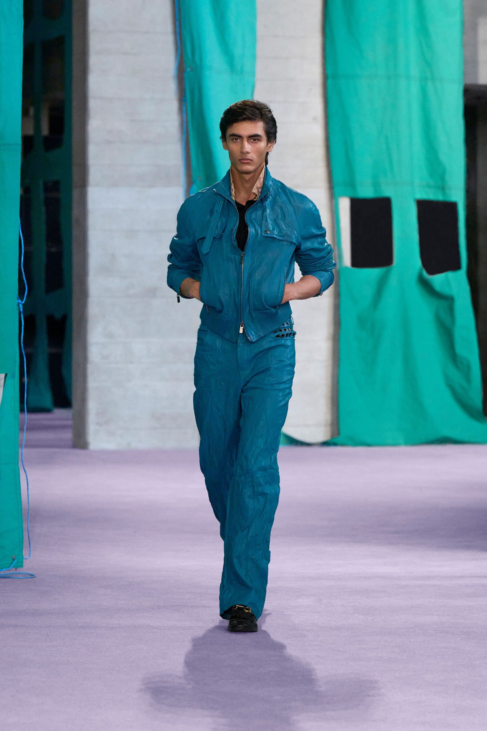 blue leather long-sleeve collared fitted zippered jacket