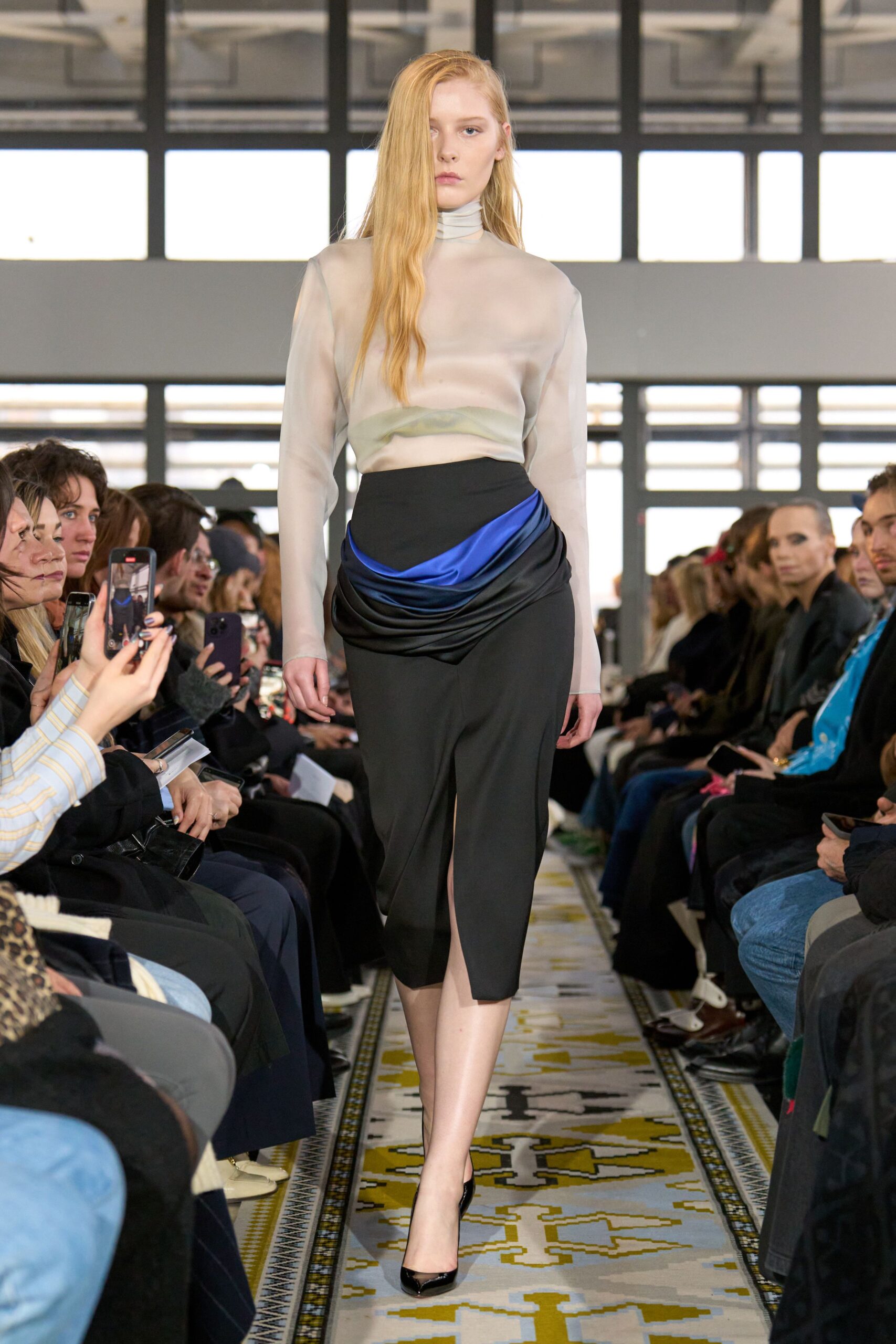 fitted white silk top with black skirt