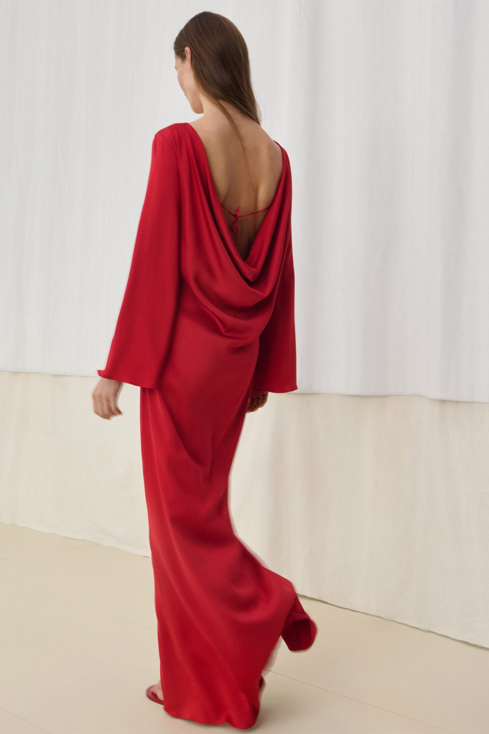 red silk backless gown
