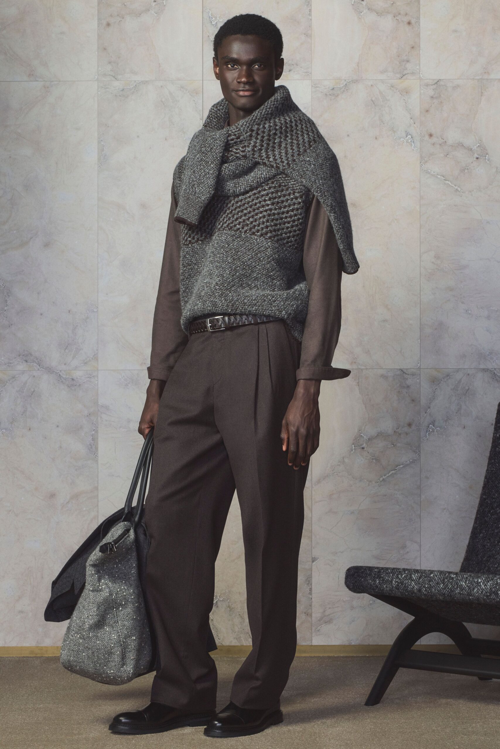 gray wool sweater with brown shirt