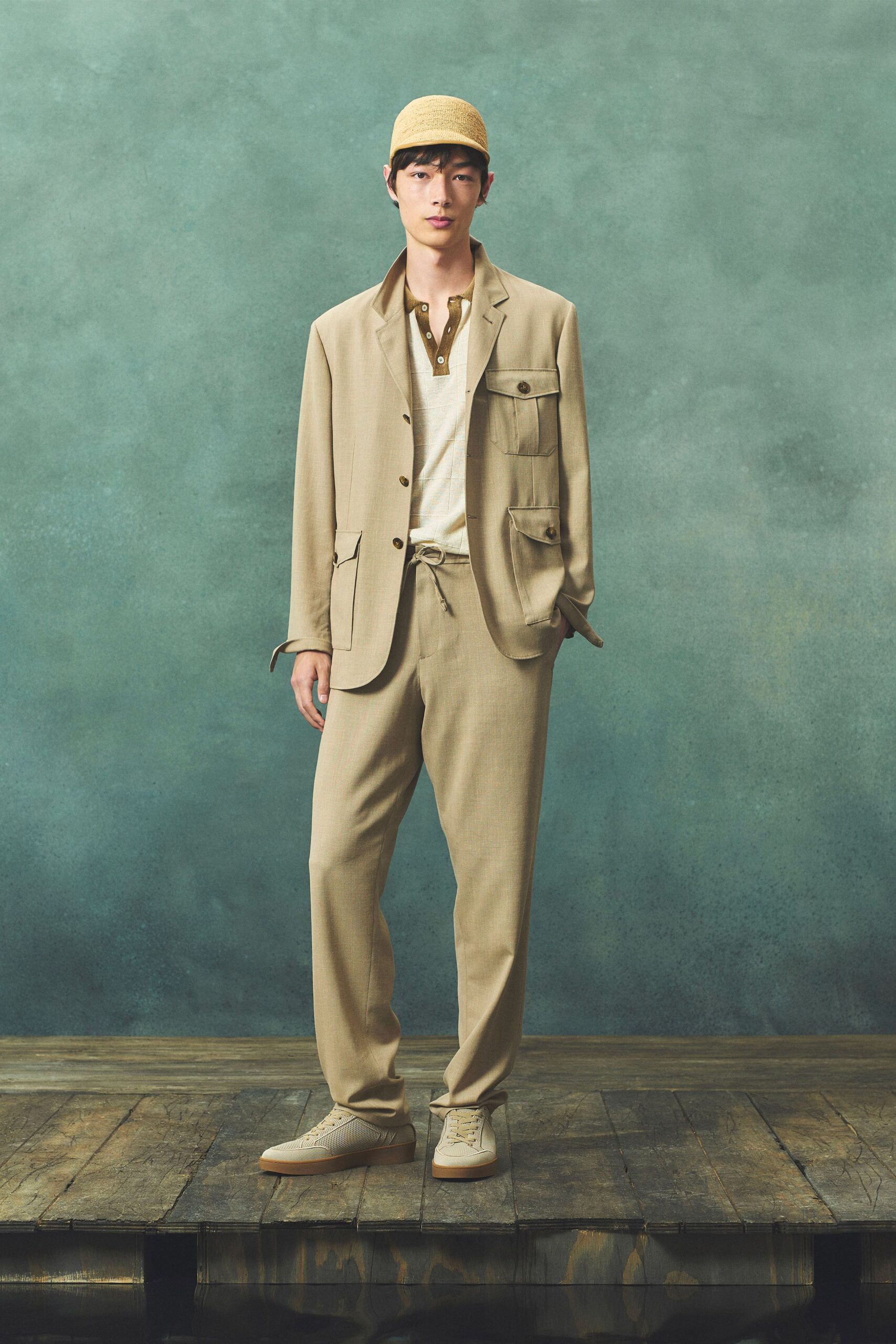 beige tailored suit with hat
