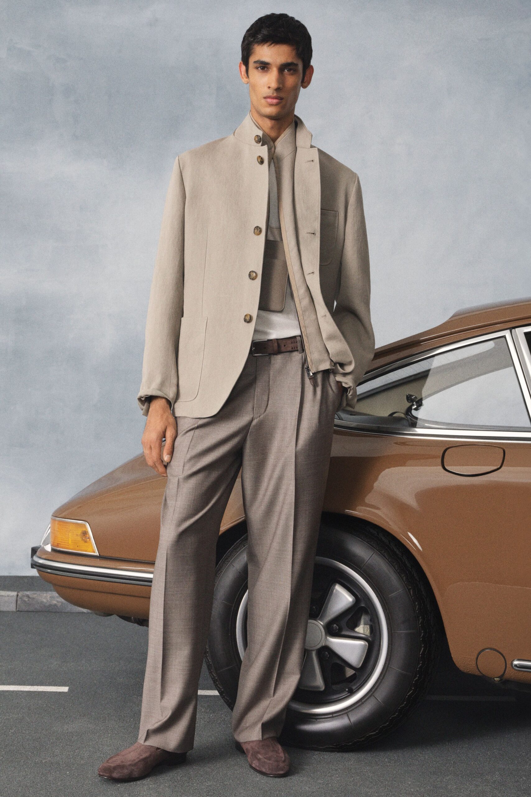 beige wool long-sleeve collared structured buttoned pockets jacket