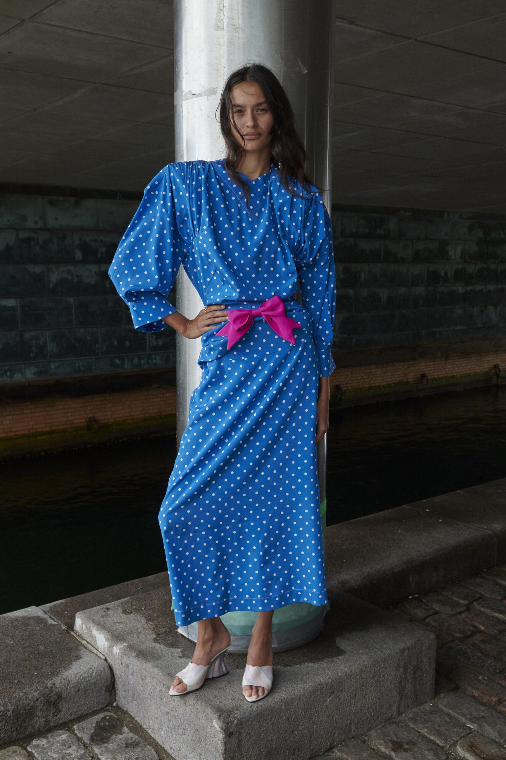 blue silk long-sleeve high-neck structured polka-dot draped dress