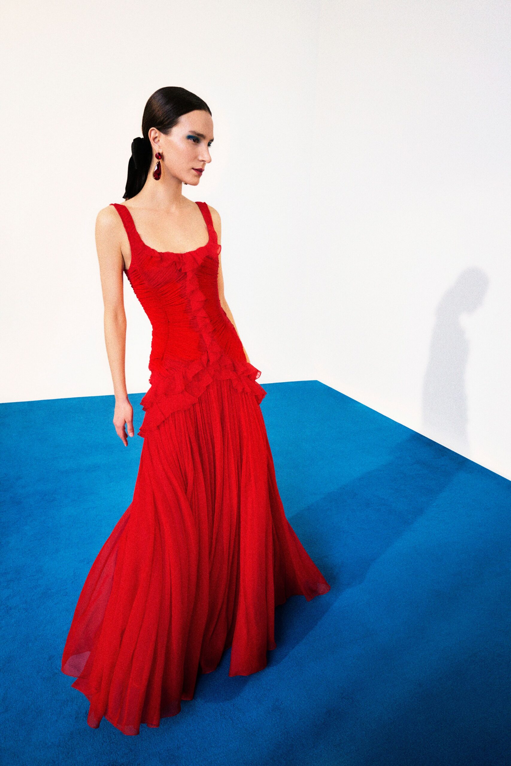 red ruffled maxi gown