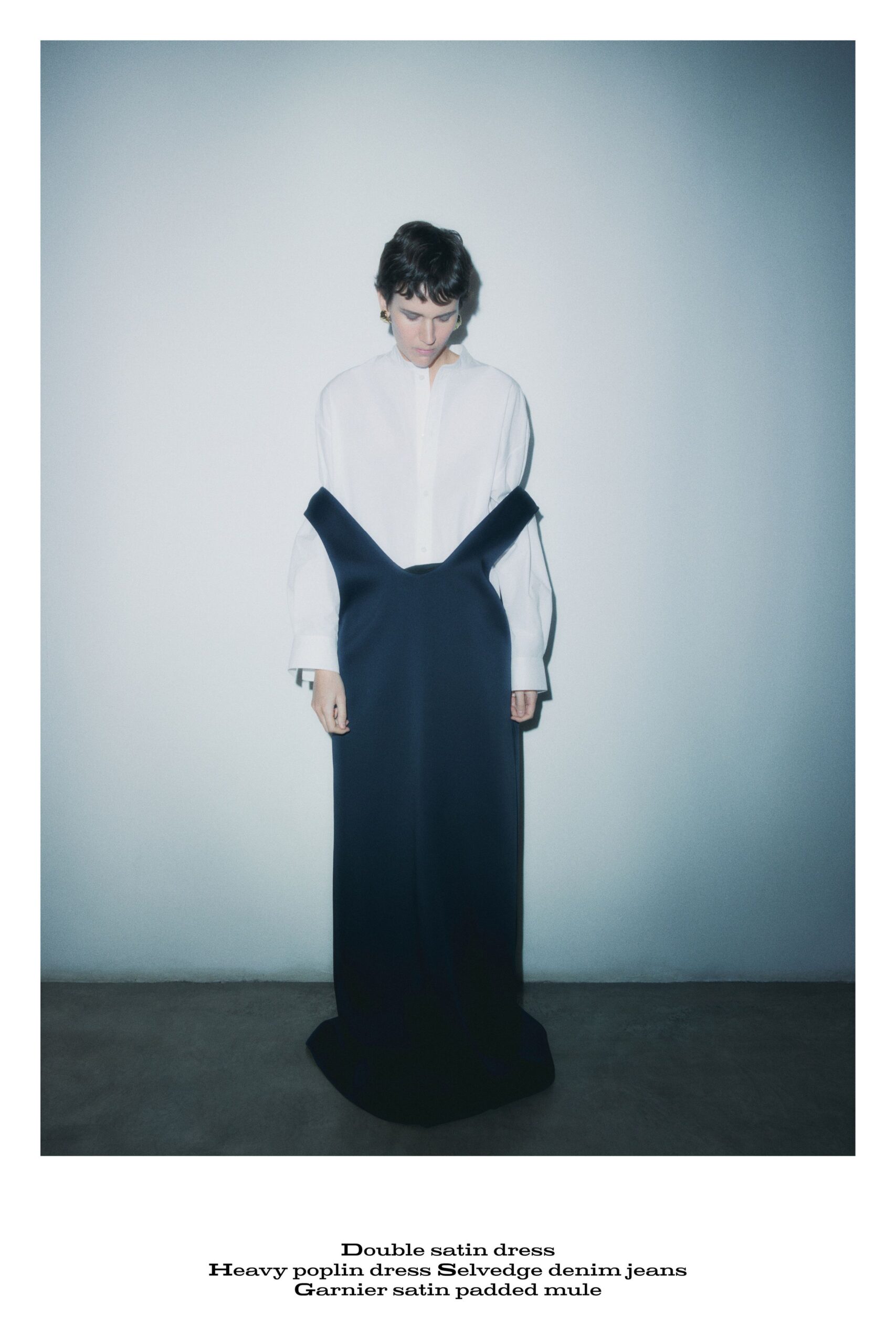 white shirt blue satin dress