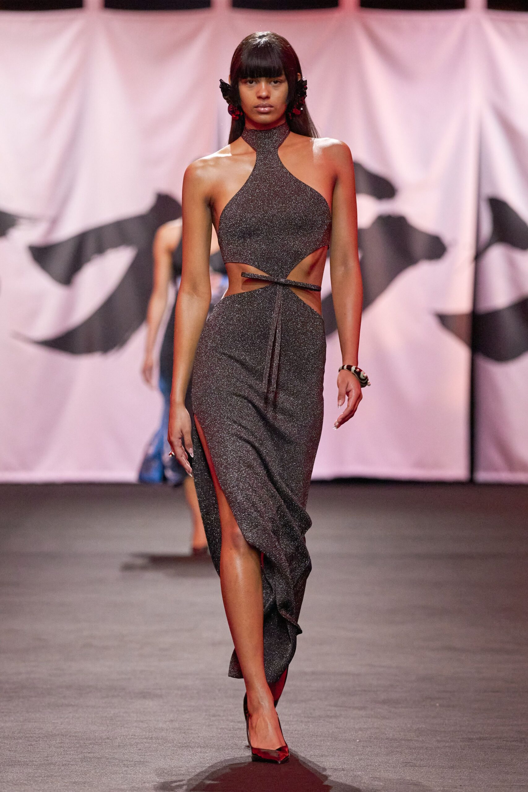 gray silk fitted gown with slit