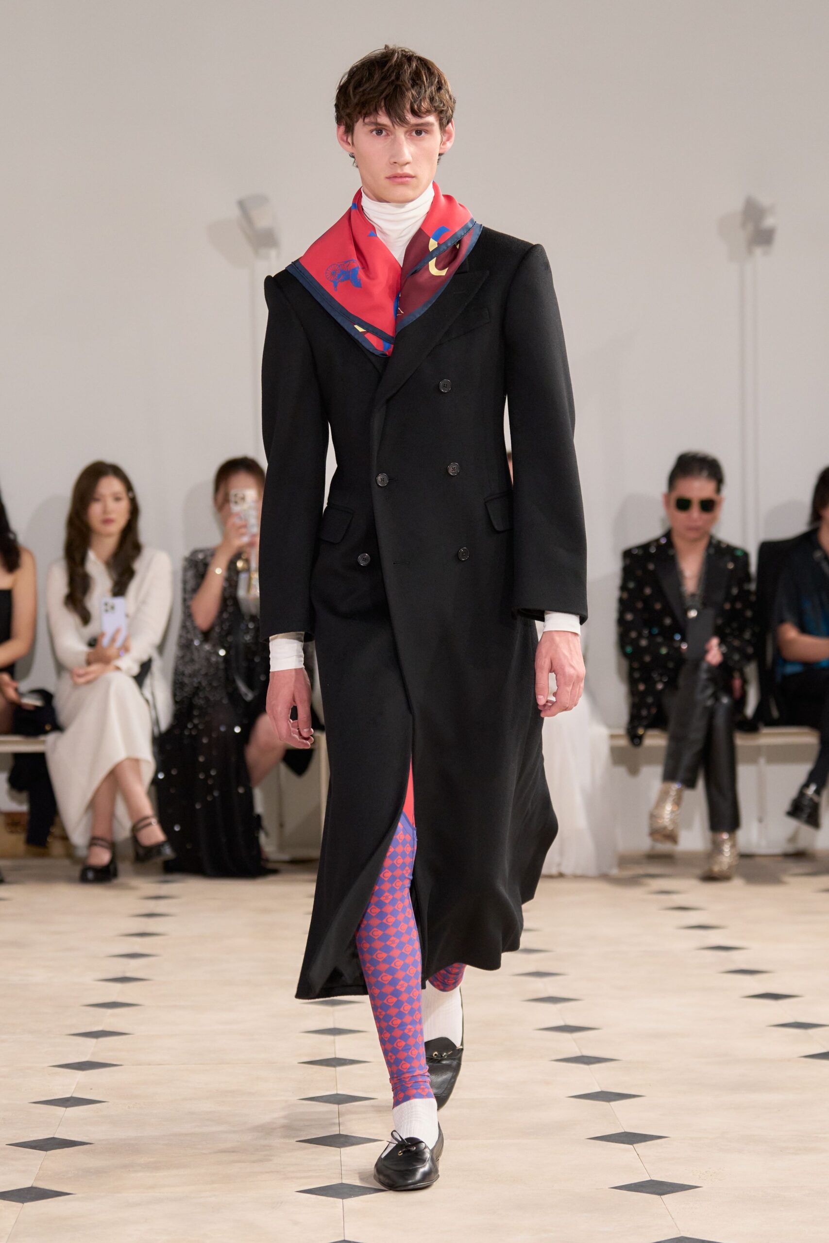 black coat with printed scarf