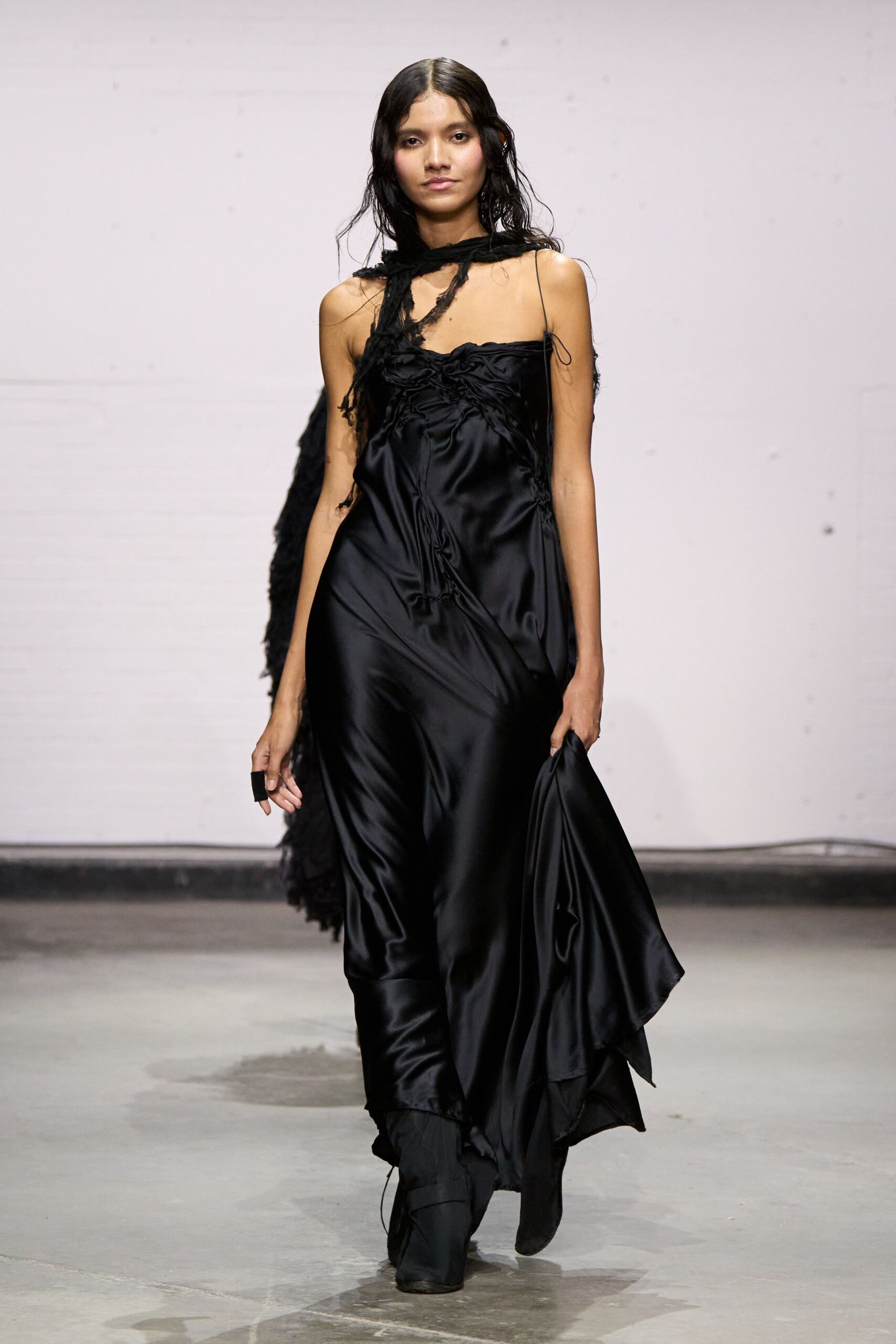 black silk off-shoulder gown