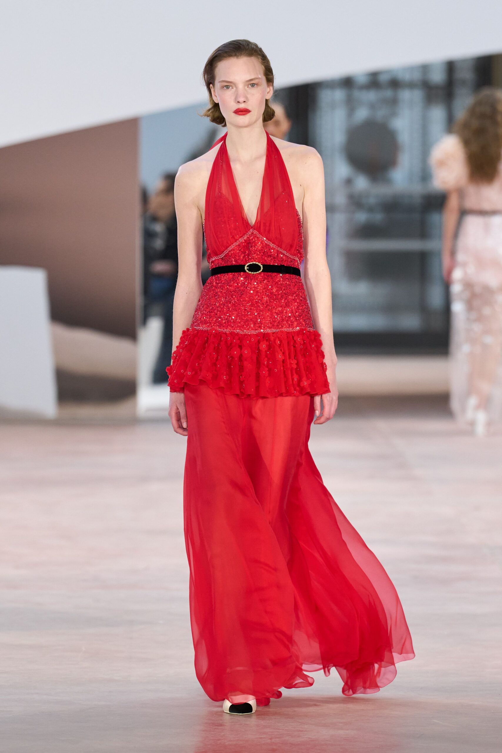 red silk sleeveless halter fitted ruffled layered gown
