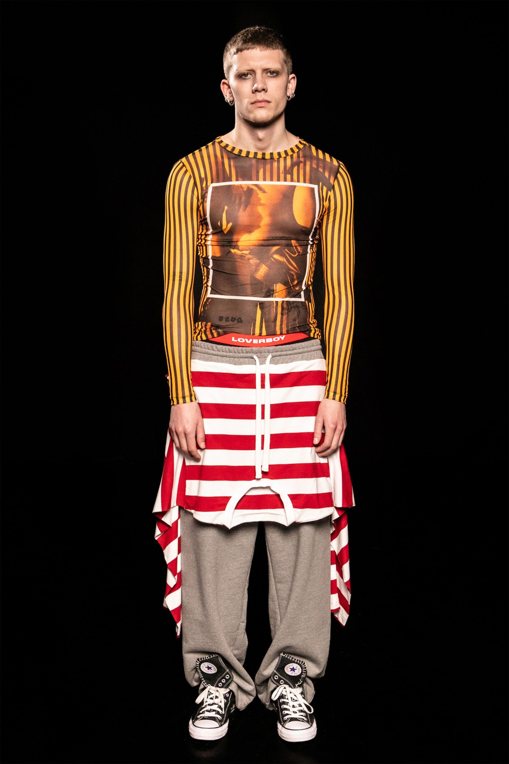 orange cotton long-sleeve collared fitted printed top