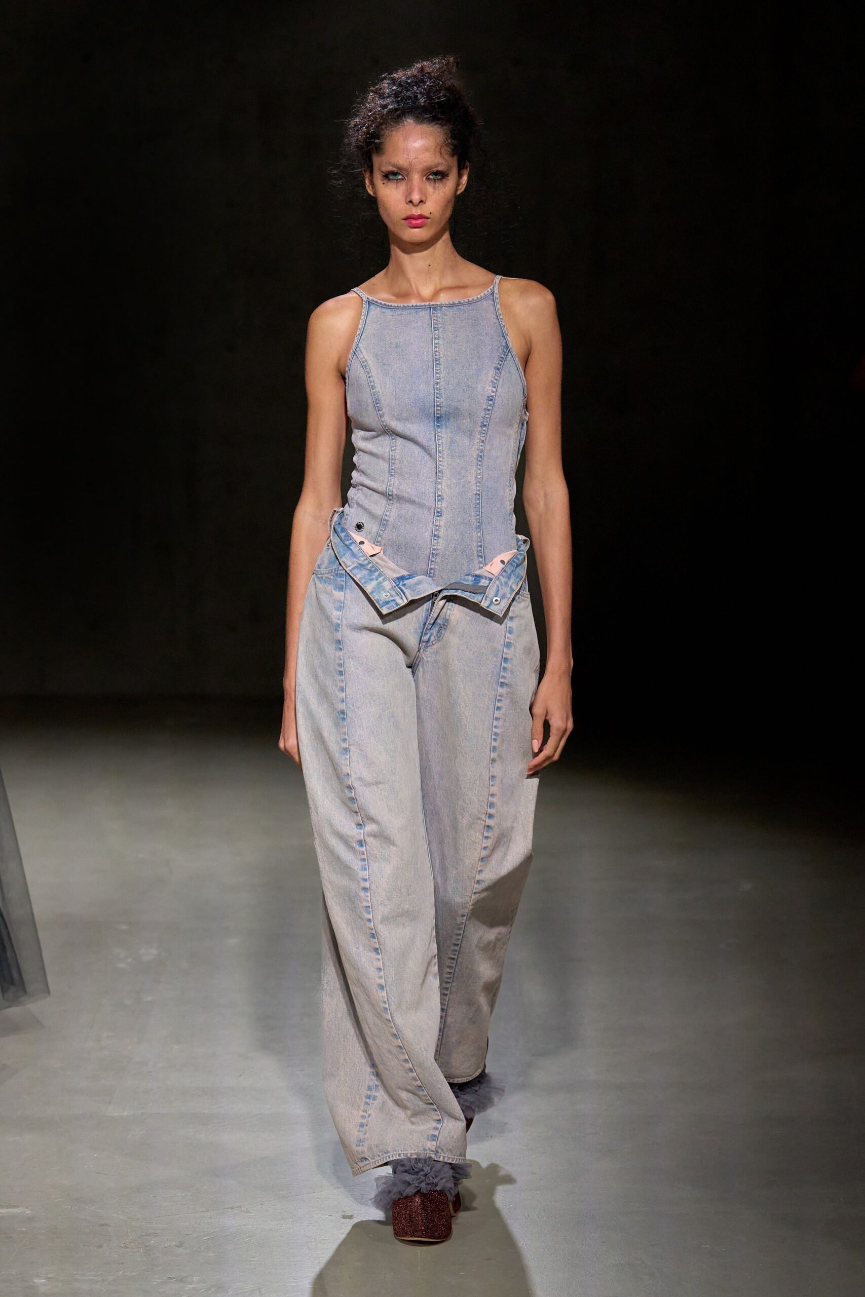 blue denim sleeveless jumpsuit