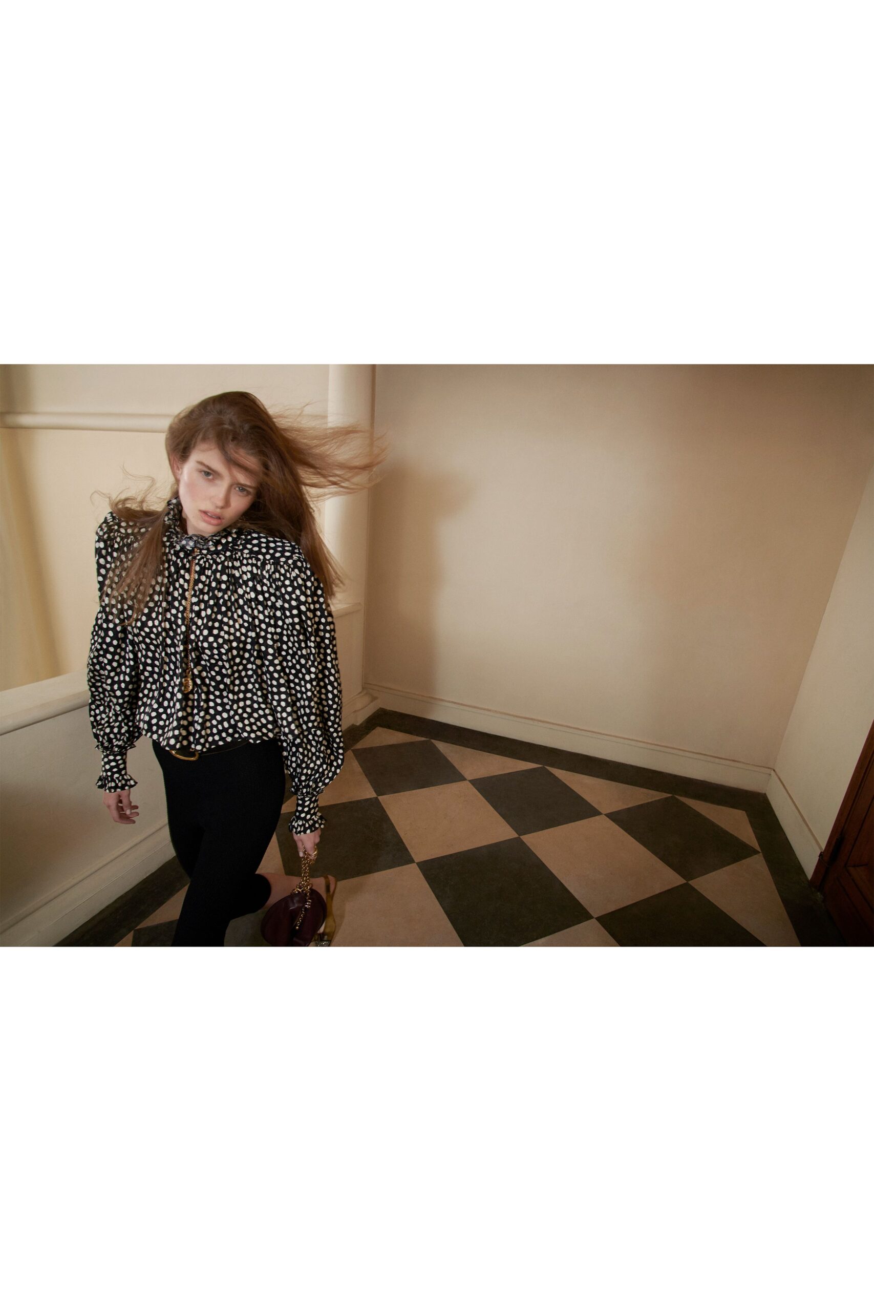 black silk long-sleeve high-neck oversized printed padded blouse