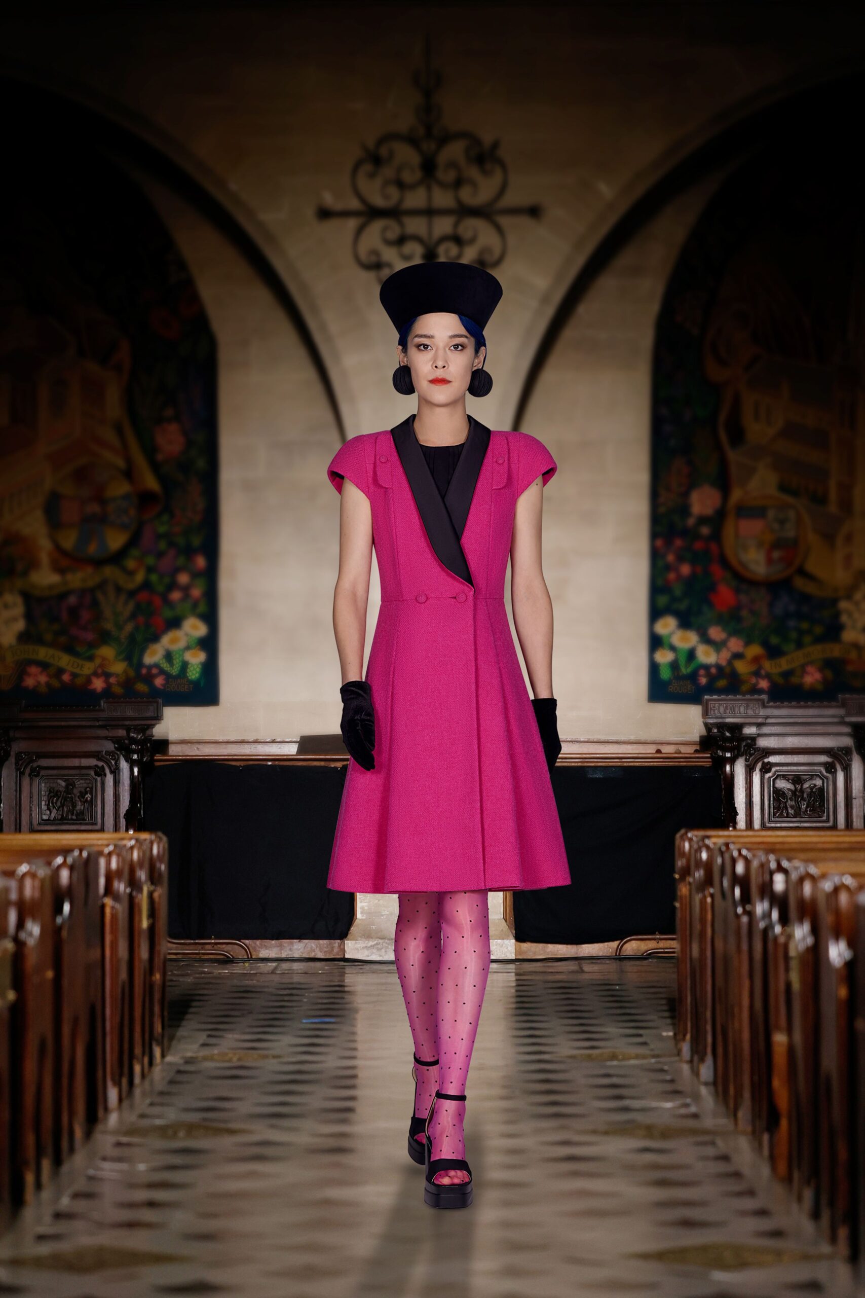 pink wool short-sleeve collared fitted buttoned a-line dress
