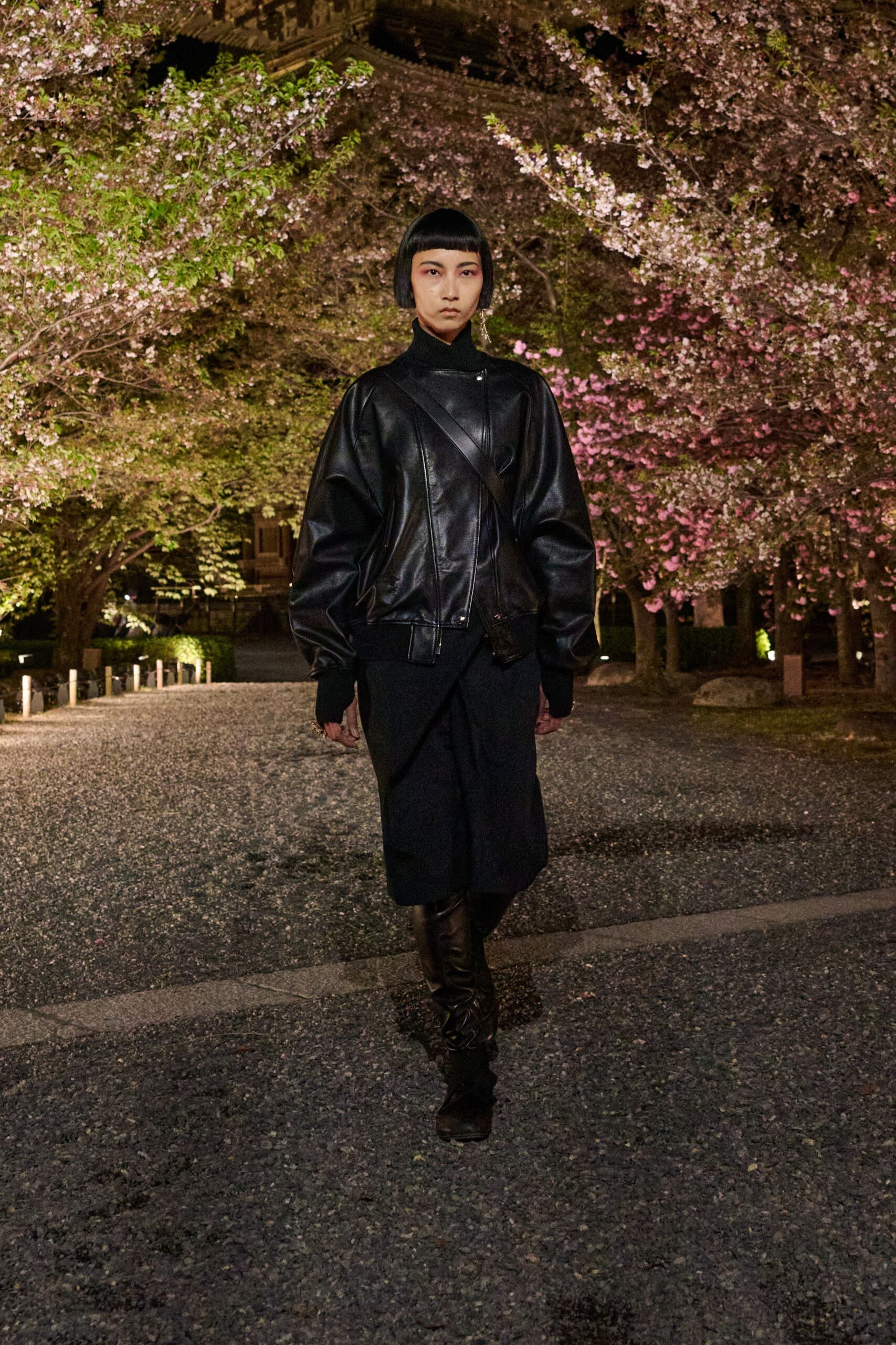 black leather oversized jacket with relaxed skirt