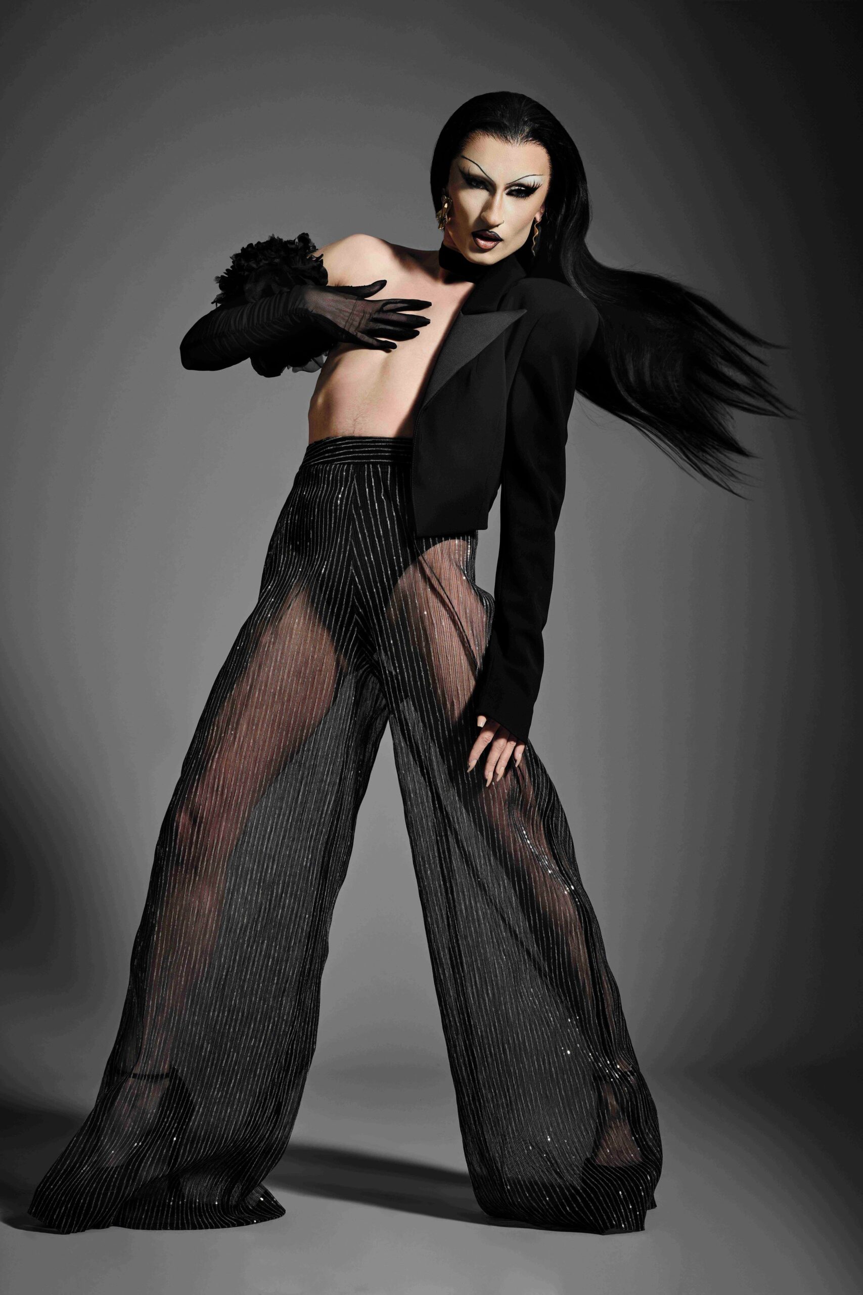 black silk relaxed high-waisted pleated sheer pants