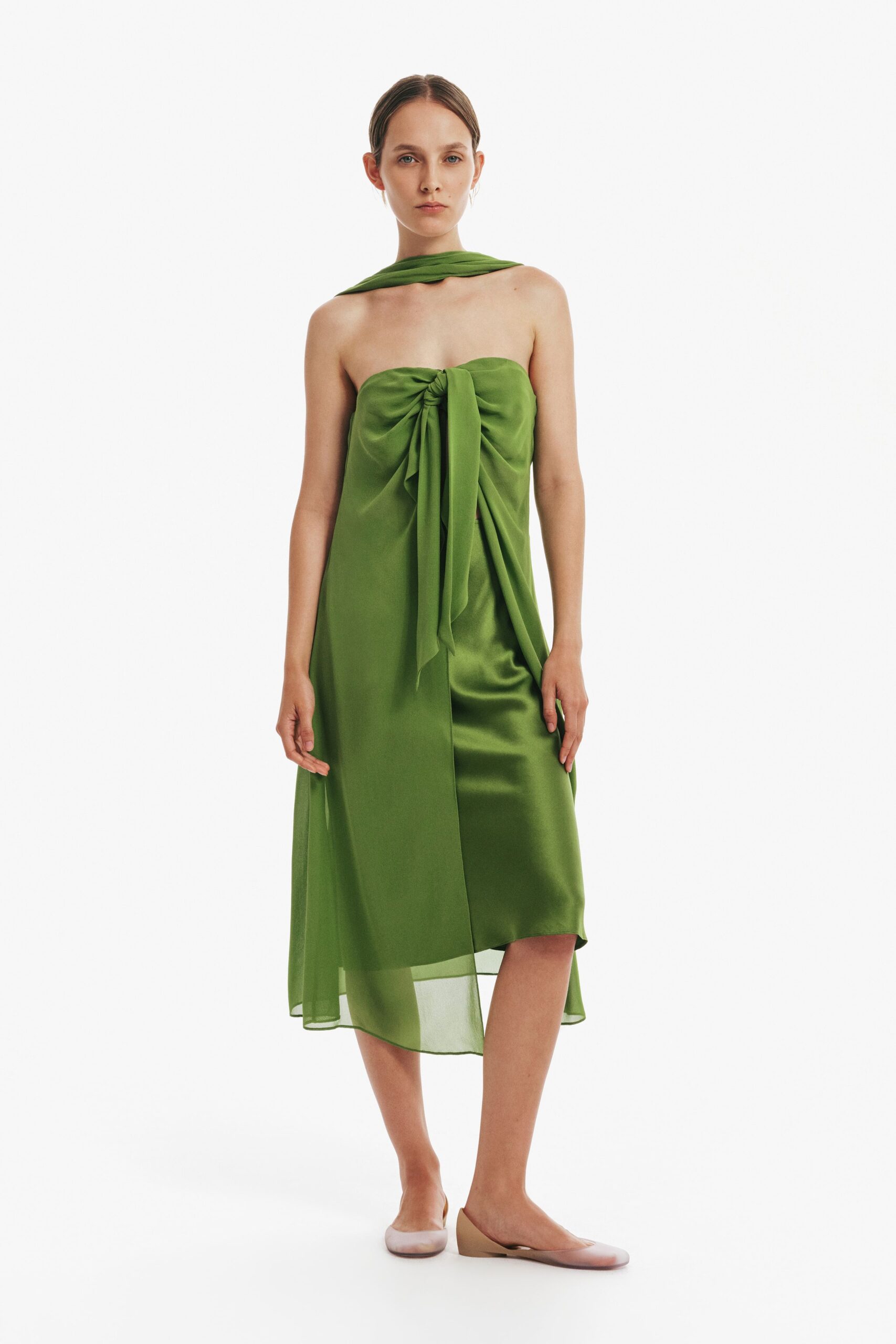 green silk strapless high-neck fitted draped flowing dress