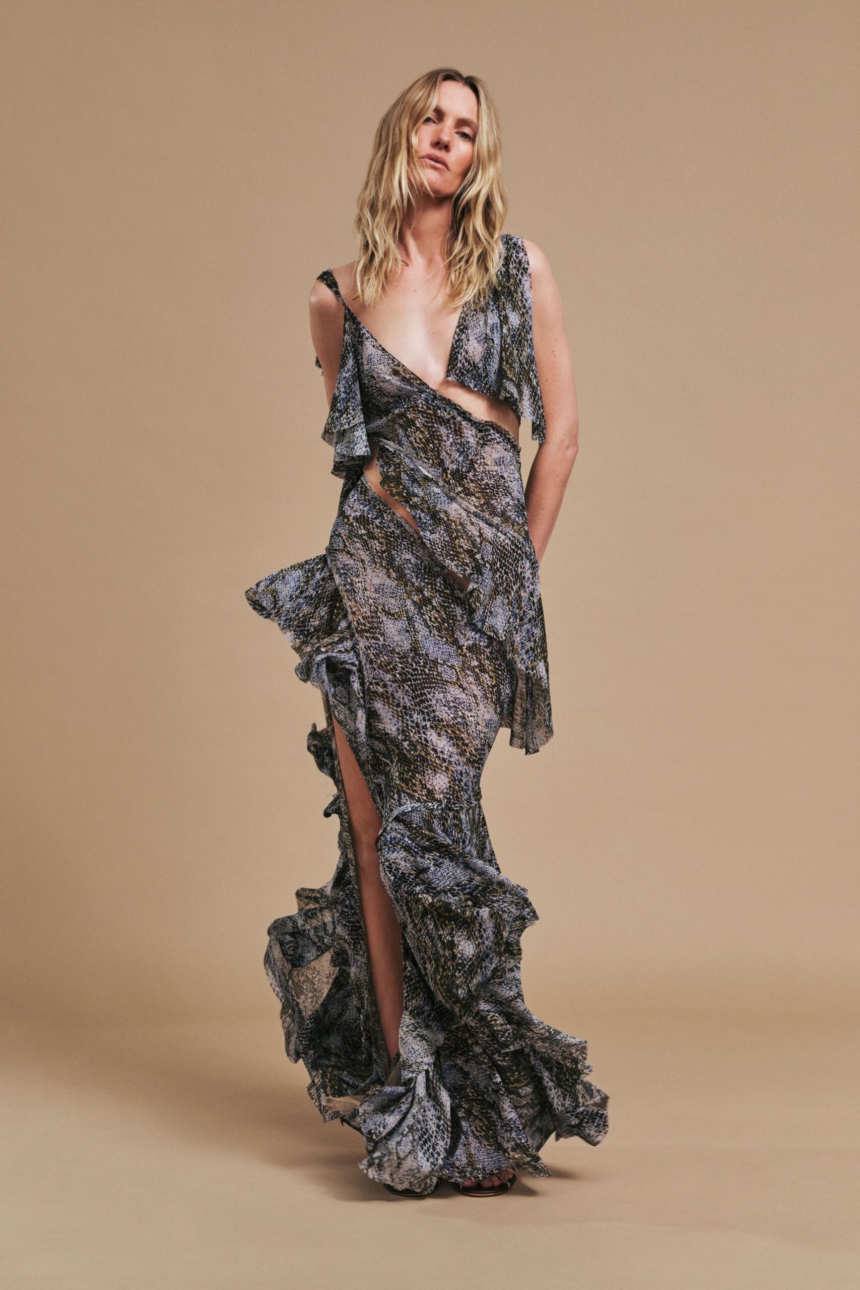multi-colored silk ruffled gown