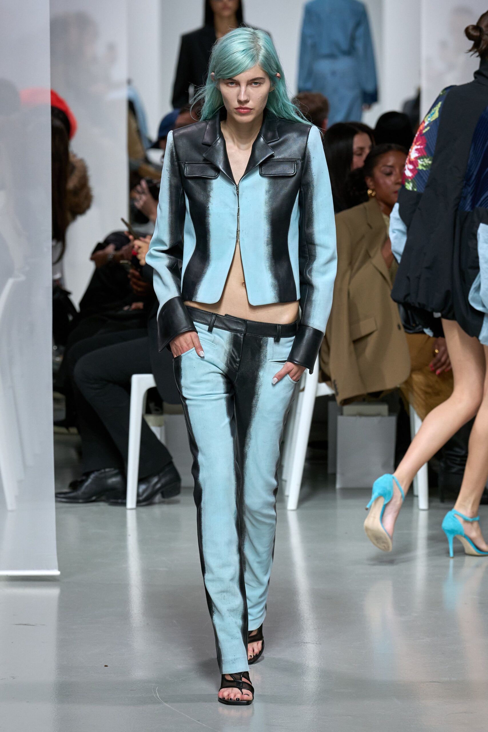 blue leather long-sleeve collared fitted zippered jacket