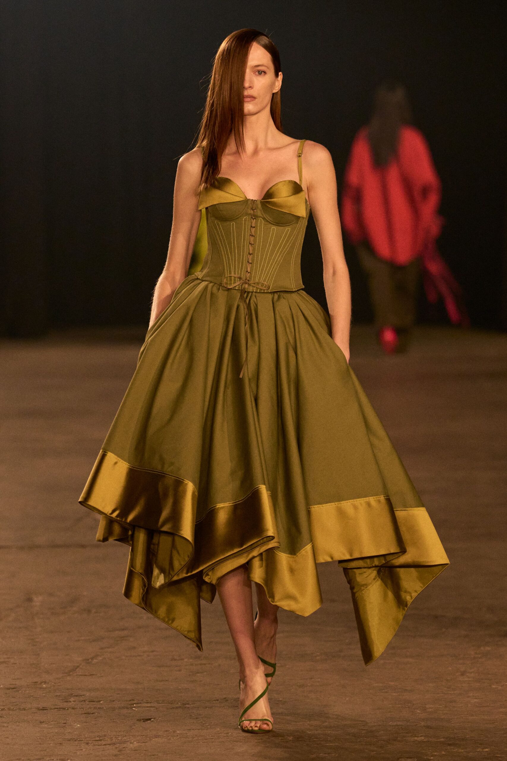 green silk sleeveless v-neck fitted pleated tiered dress