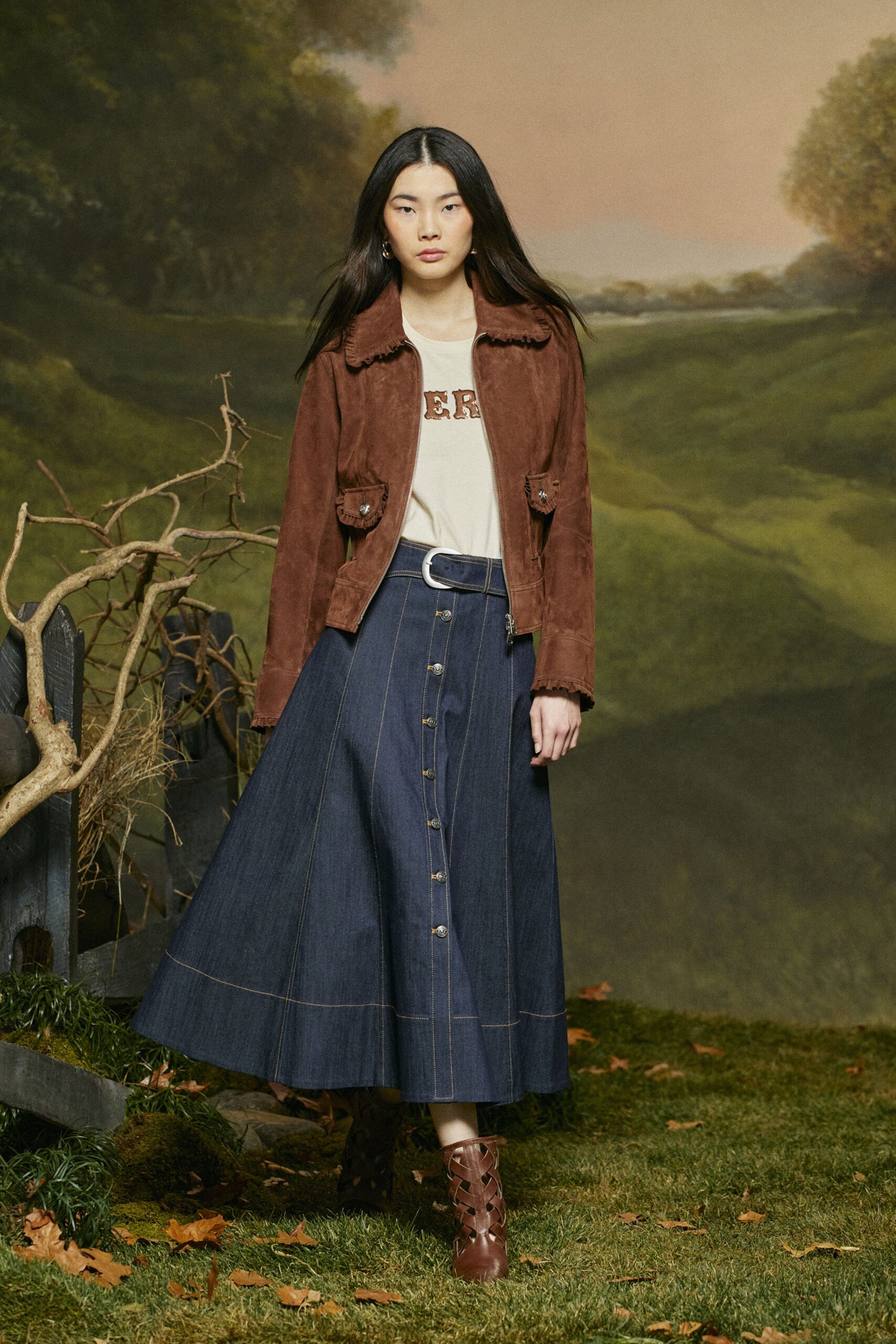 blue denim long-sleeve relaxed buttoned a-line midi skirt