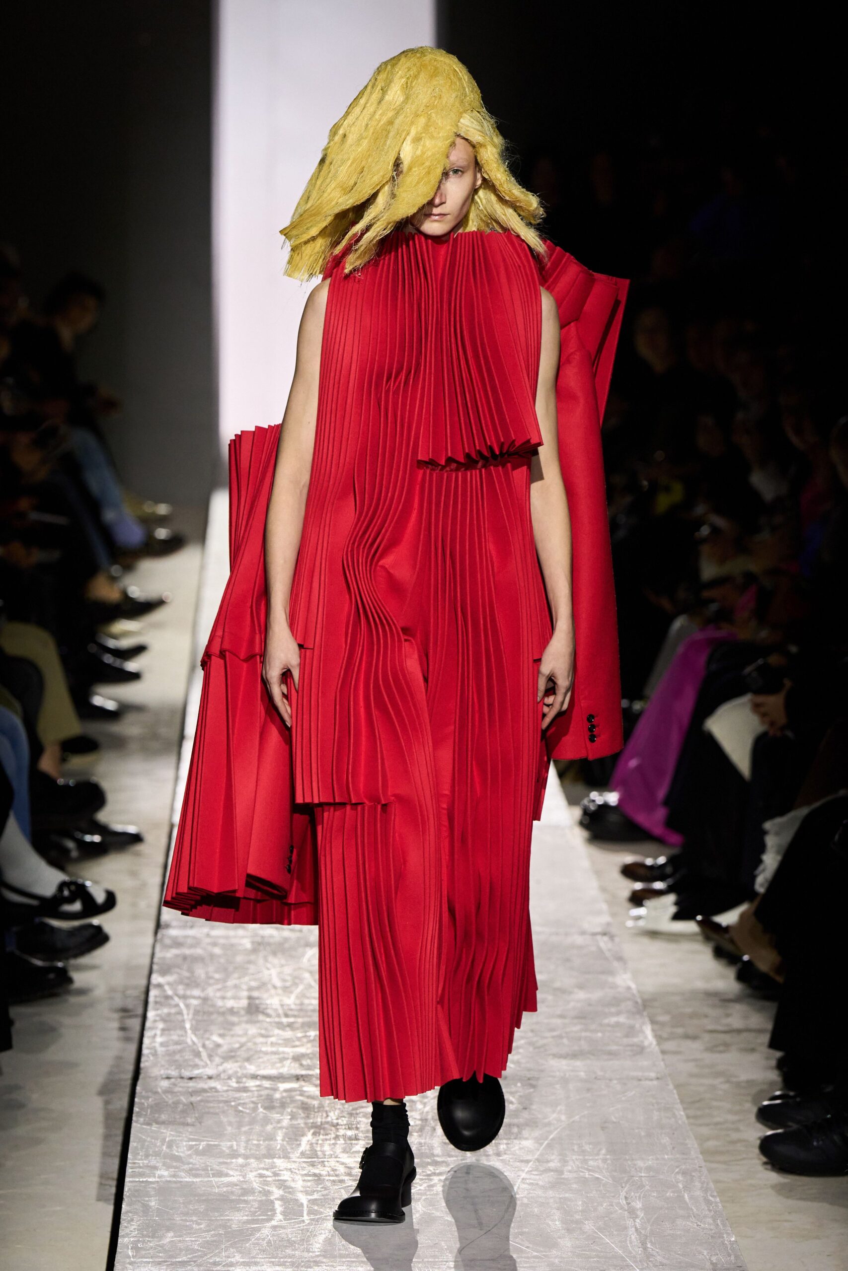 red pleated midi dress with coat