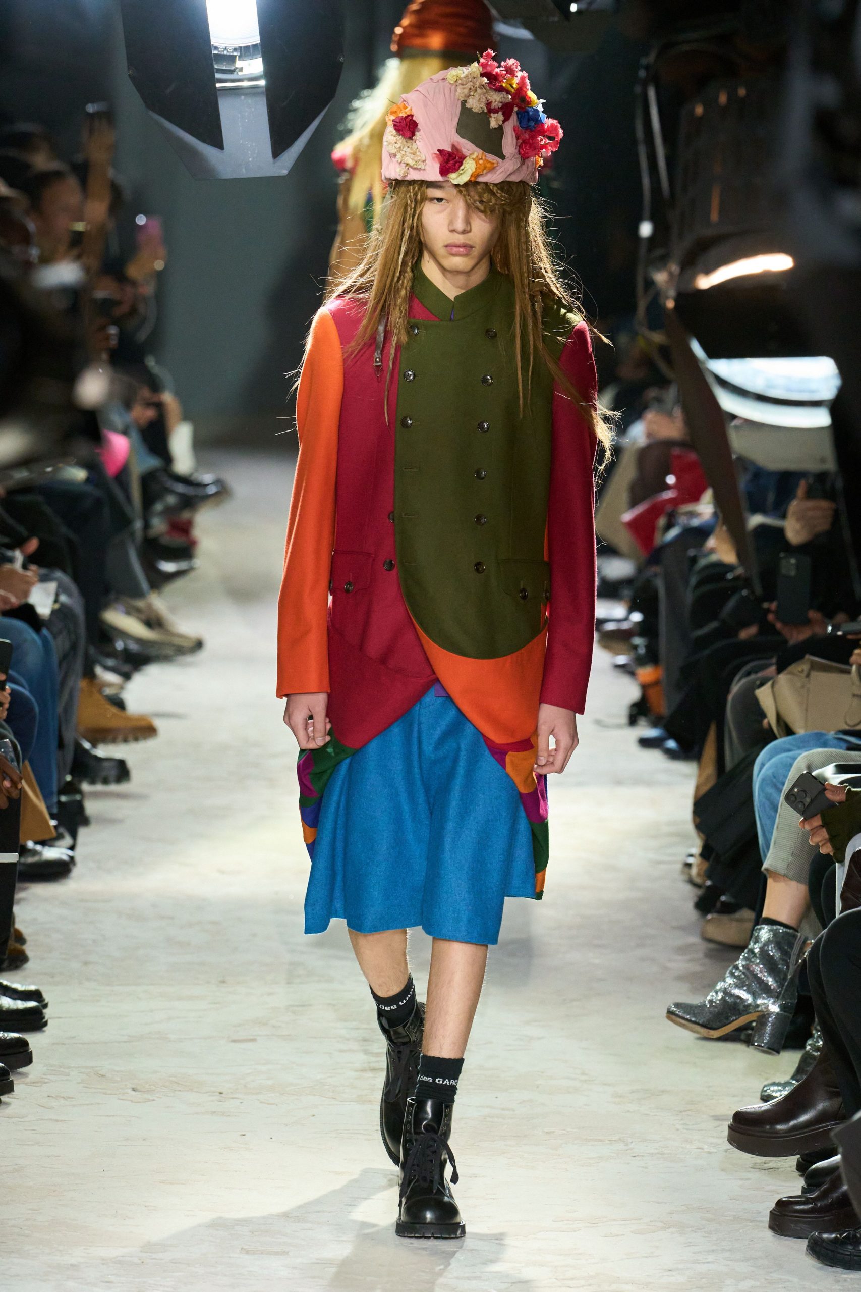 color-blocked blazer and blue skirt