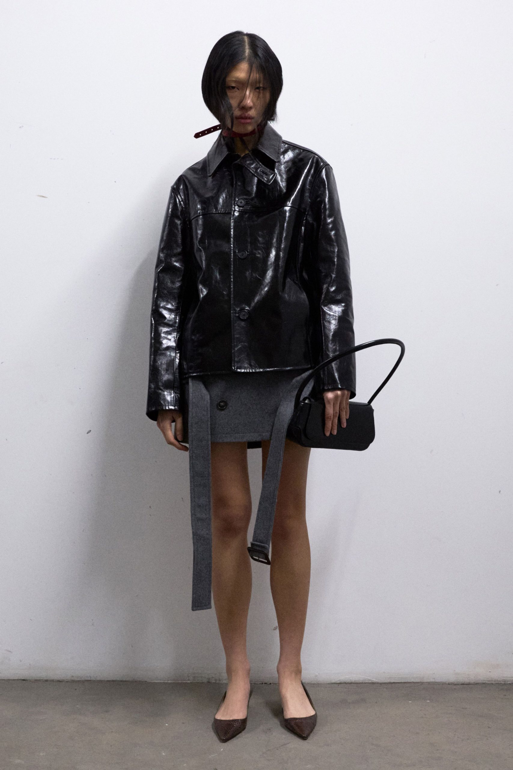 black leather jacket gray pencil skirt
