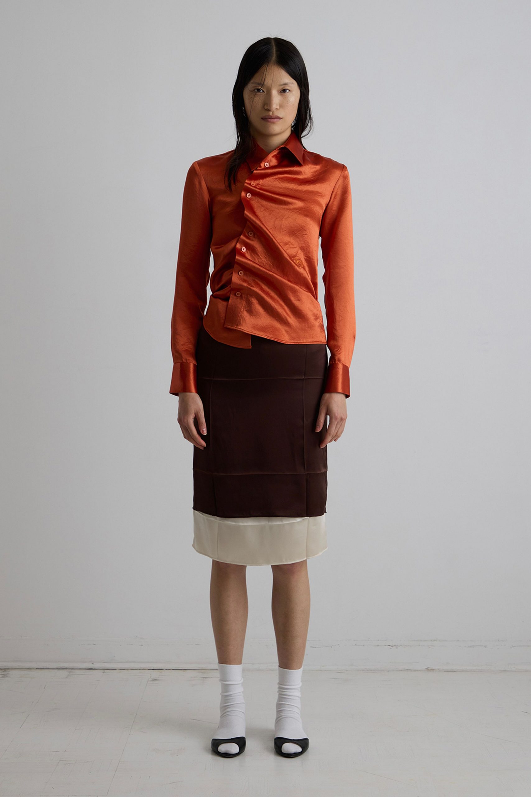 orange silk long-sleeve collared fitted pleated shirt