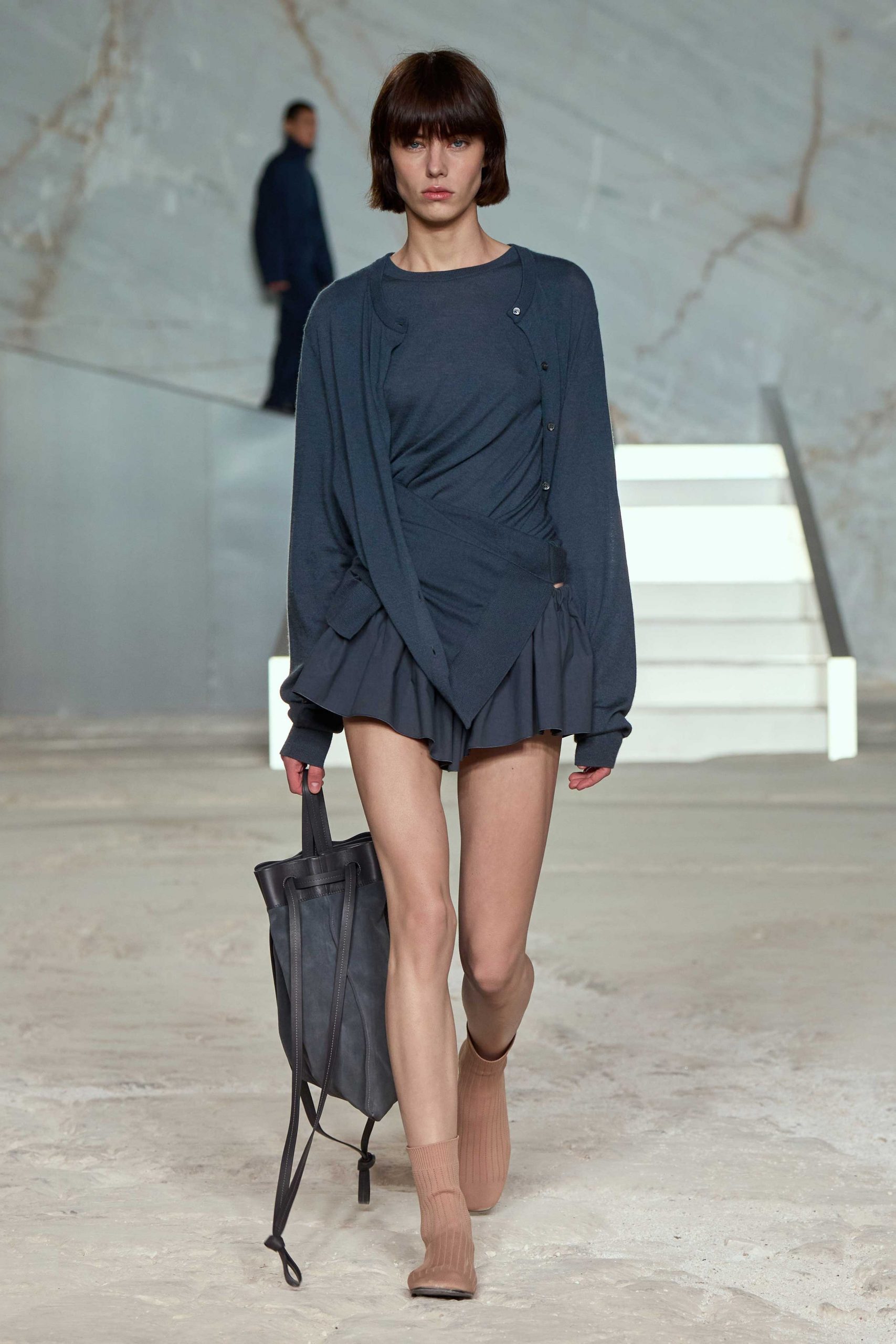 blue cotton long-sleeve v-neck fitted draped pleated dress