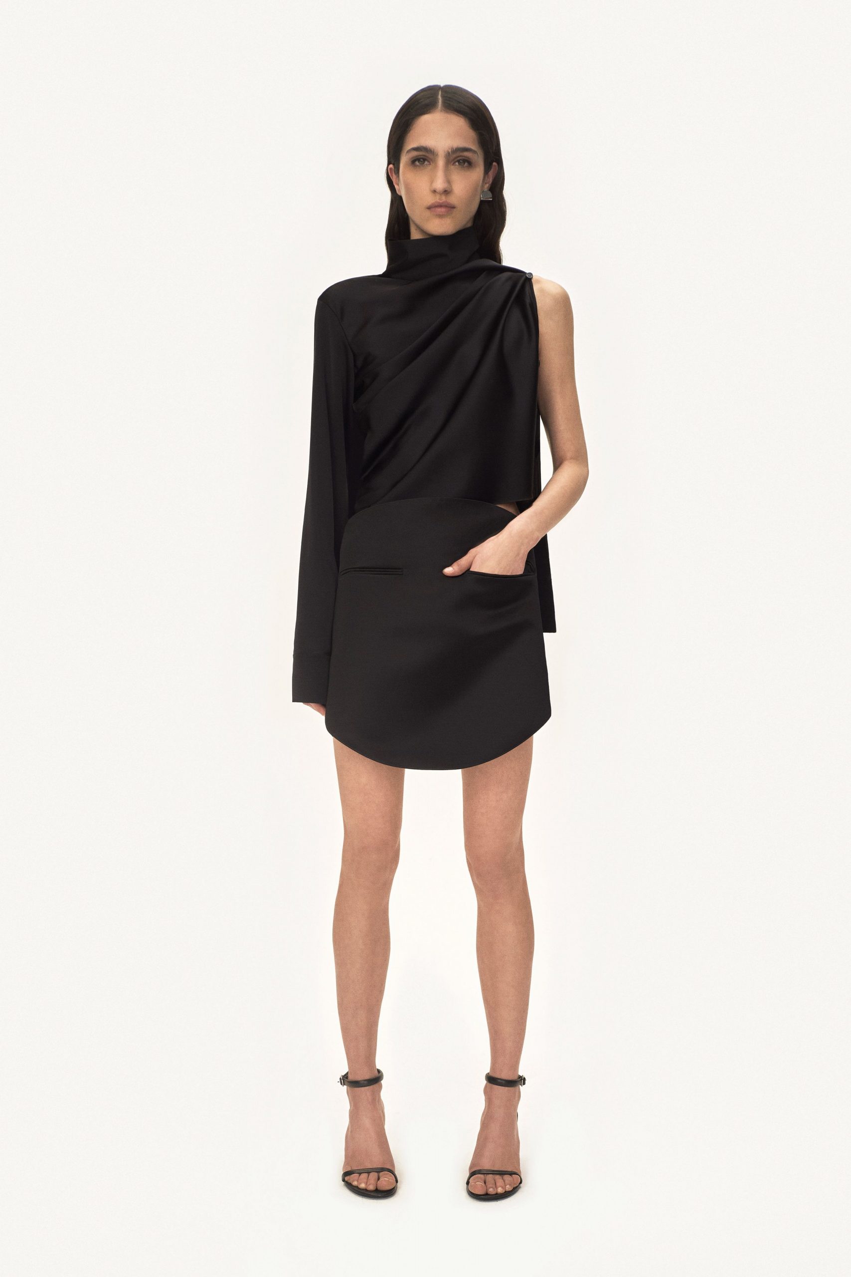 black silk asymmetric top and mini skirt