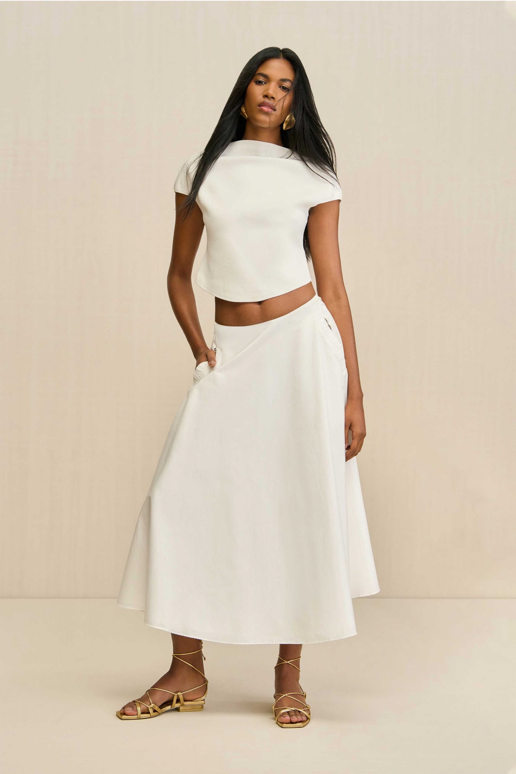 white cotton relaxed a-line flowing midi skirt