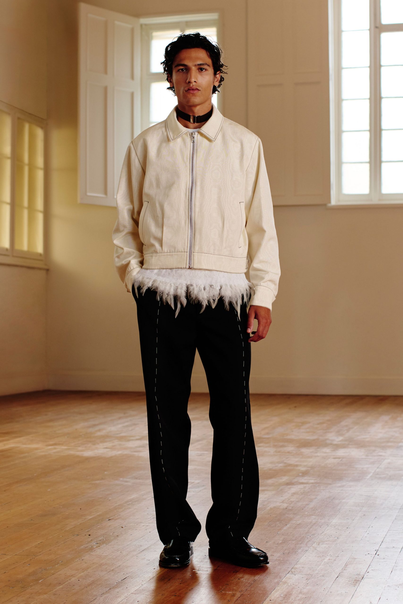 white relaxed jacket black pants
