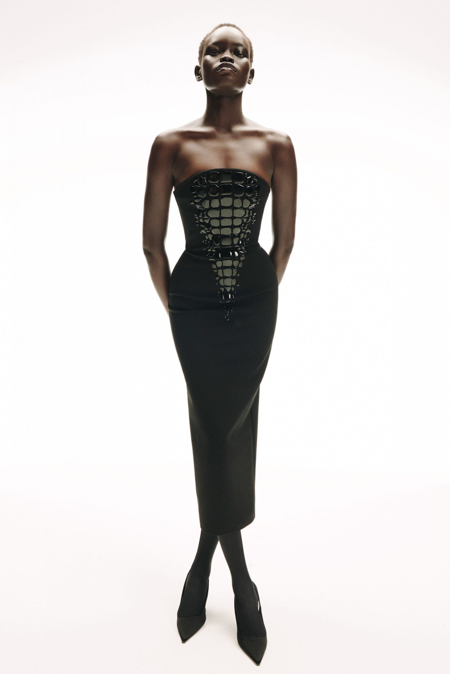 black strapless midi dress with heels