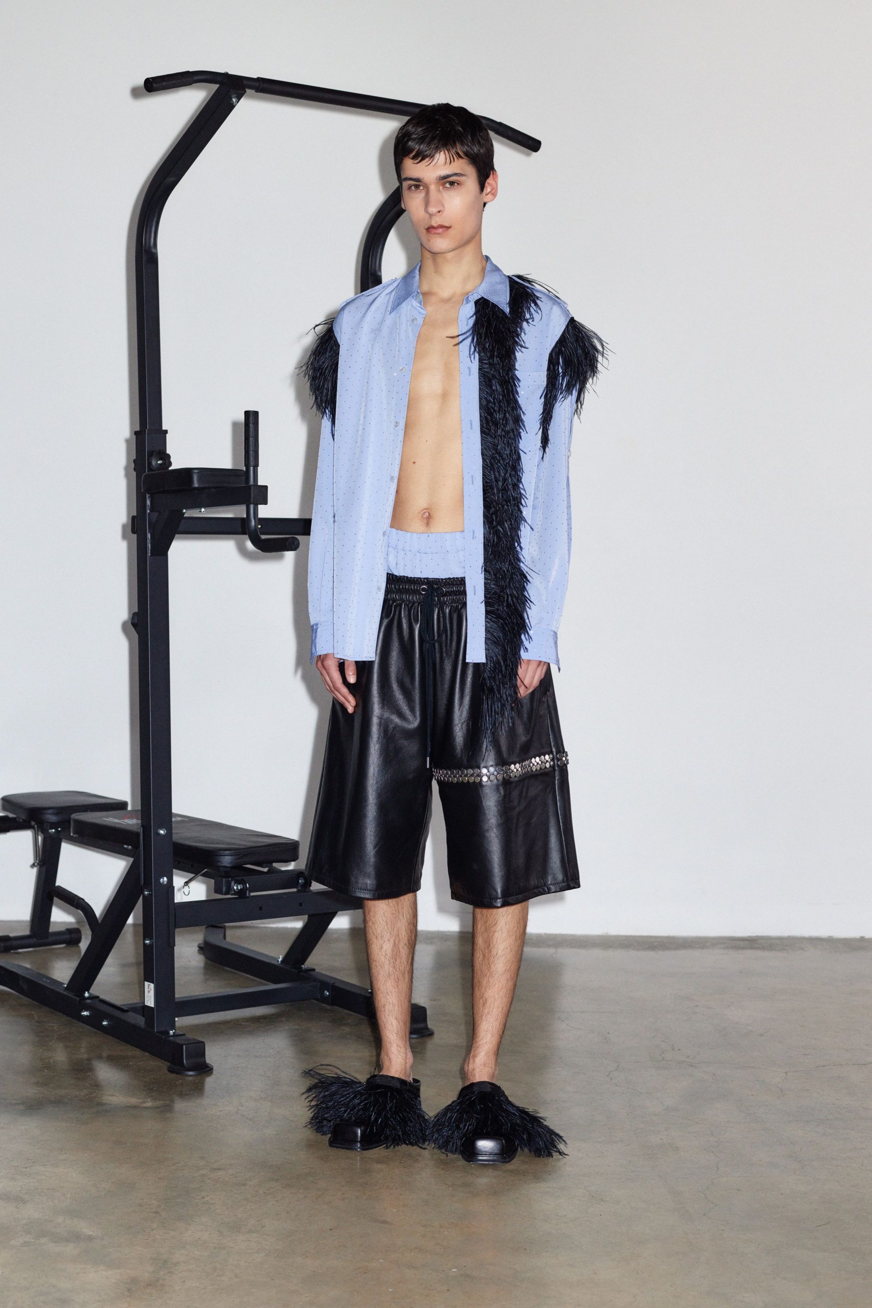 blue cotton shirt black leather shorts