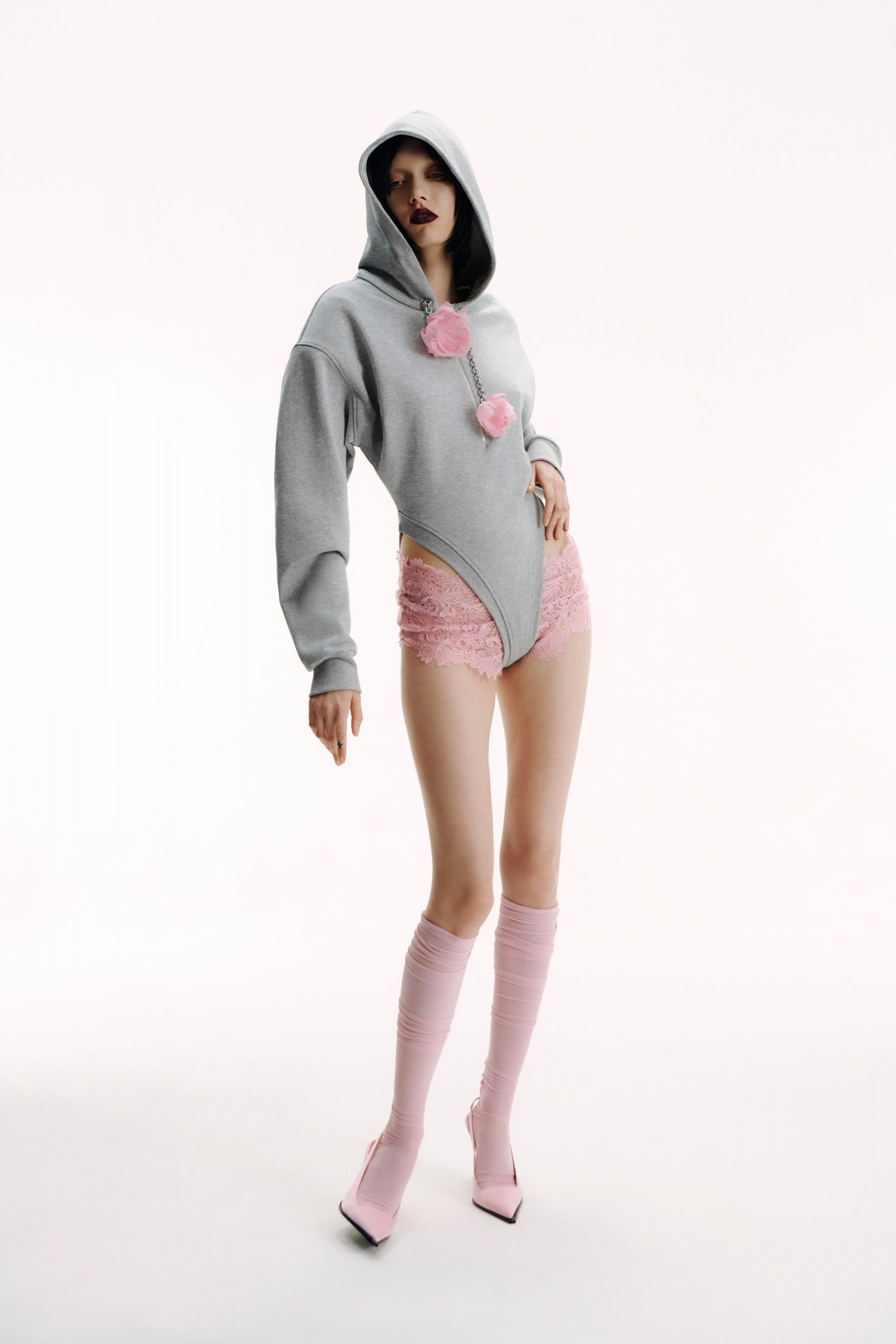 gray hoodie pink bodysuit