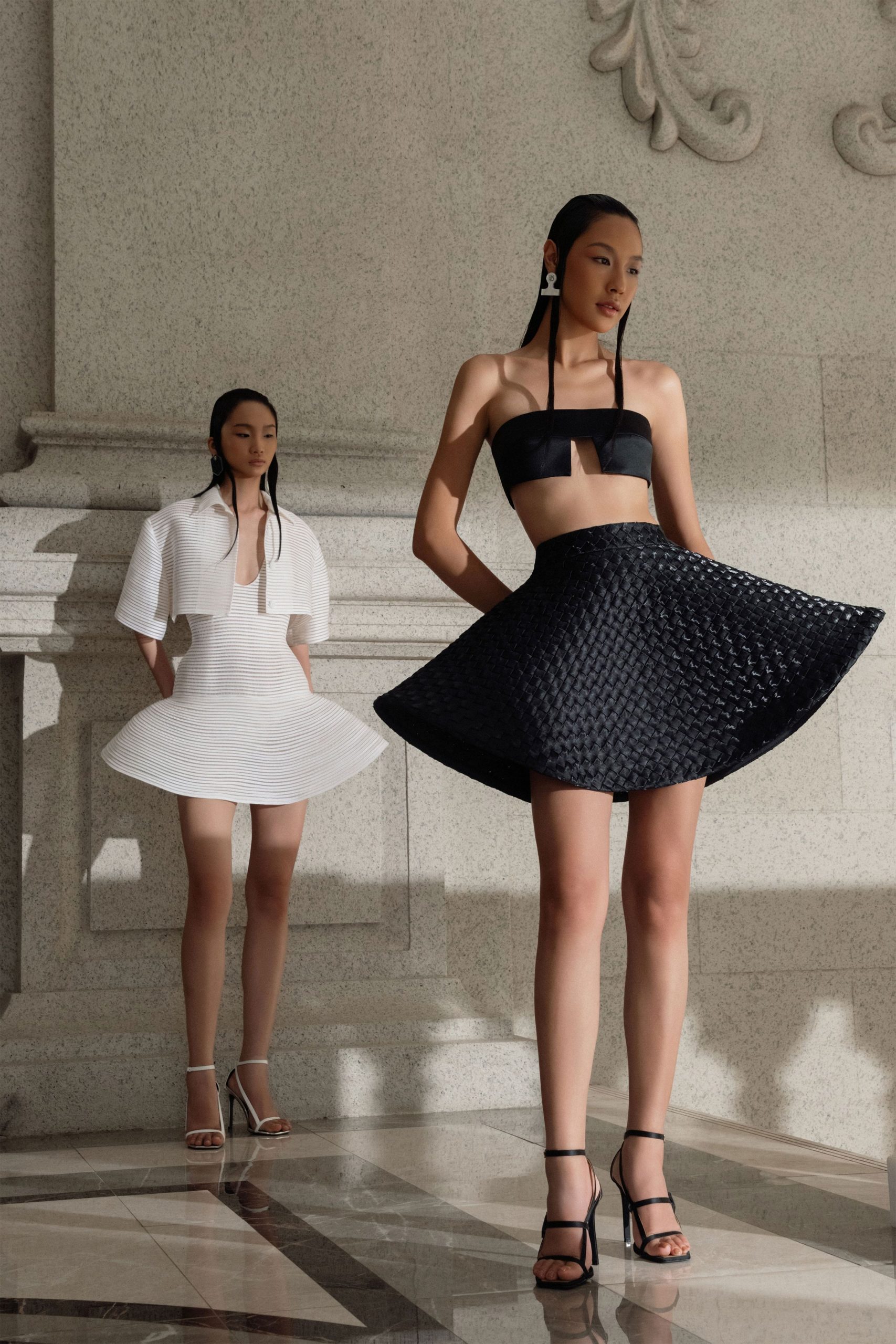 white cotton long-sleeve collared fitted pleated mini dress