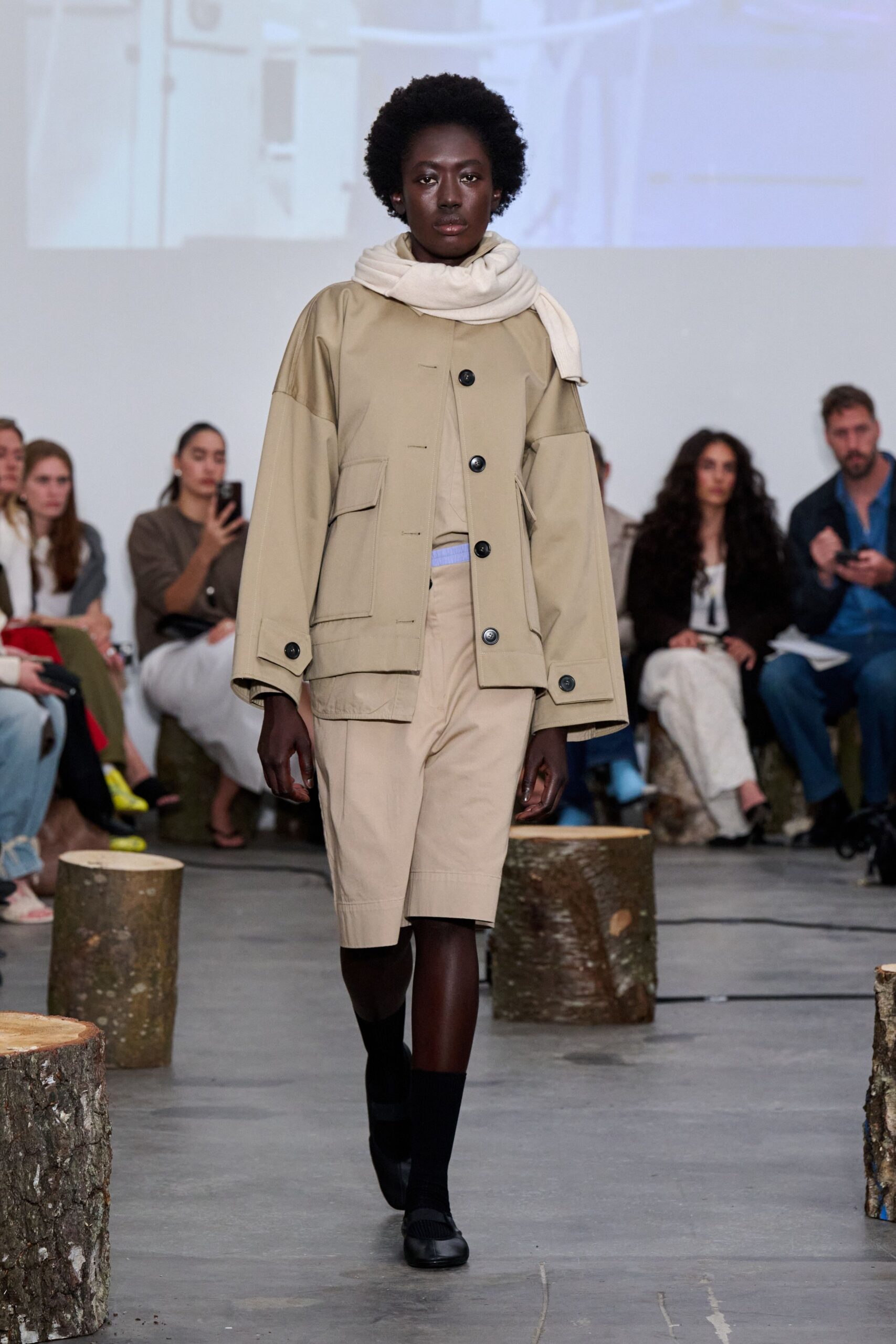 beige relaxed jacket and shorts