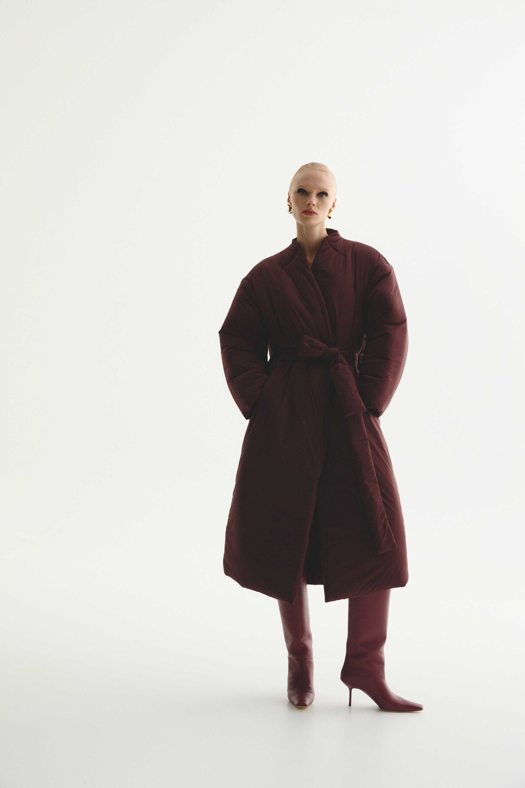 maroon cotton long-sleeve collared relaxed belted midi coat