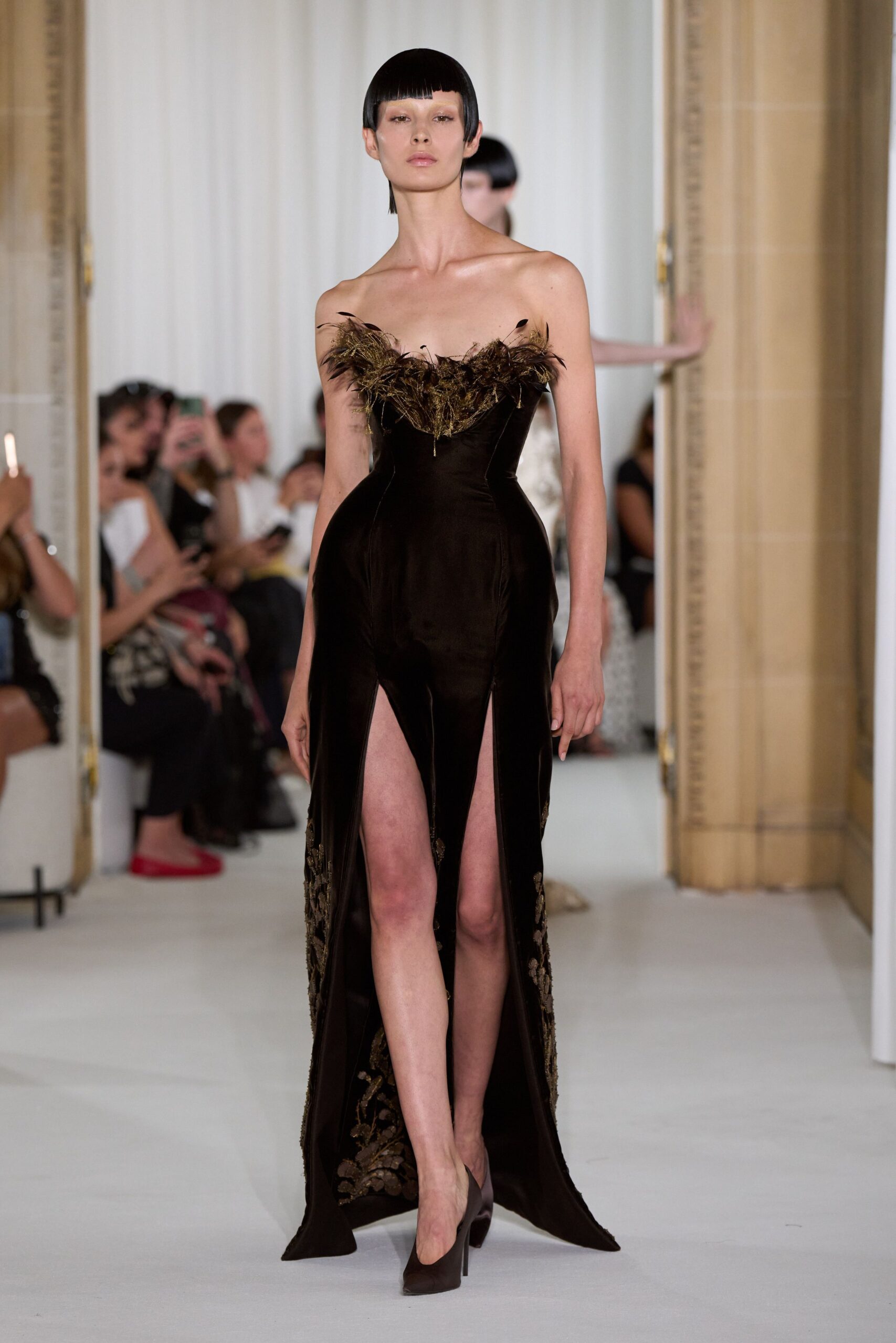 black velvet strapless gown
