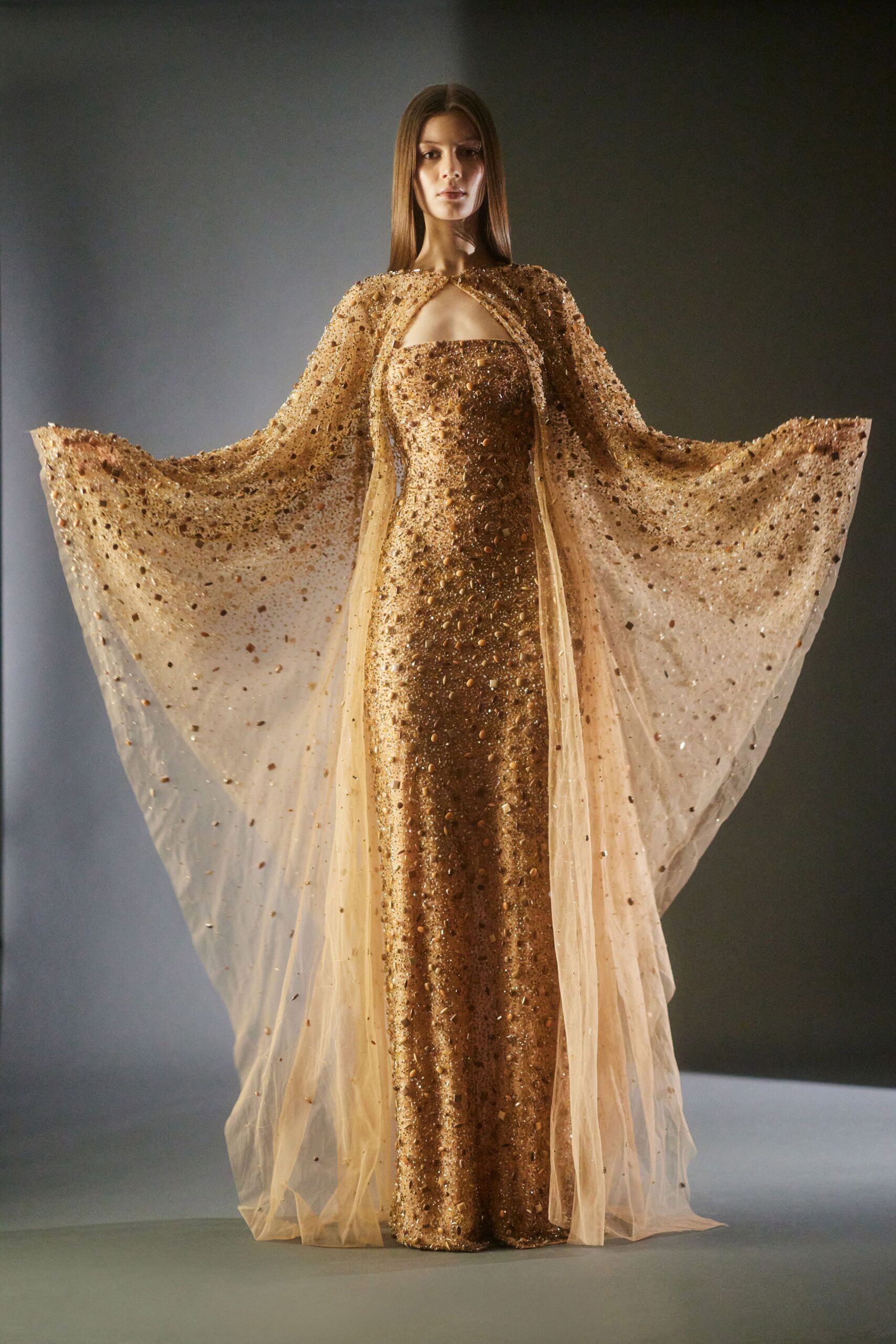 gold tulle long-sleeve relaxed layered flowing cape