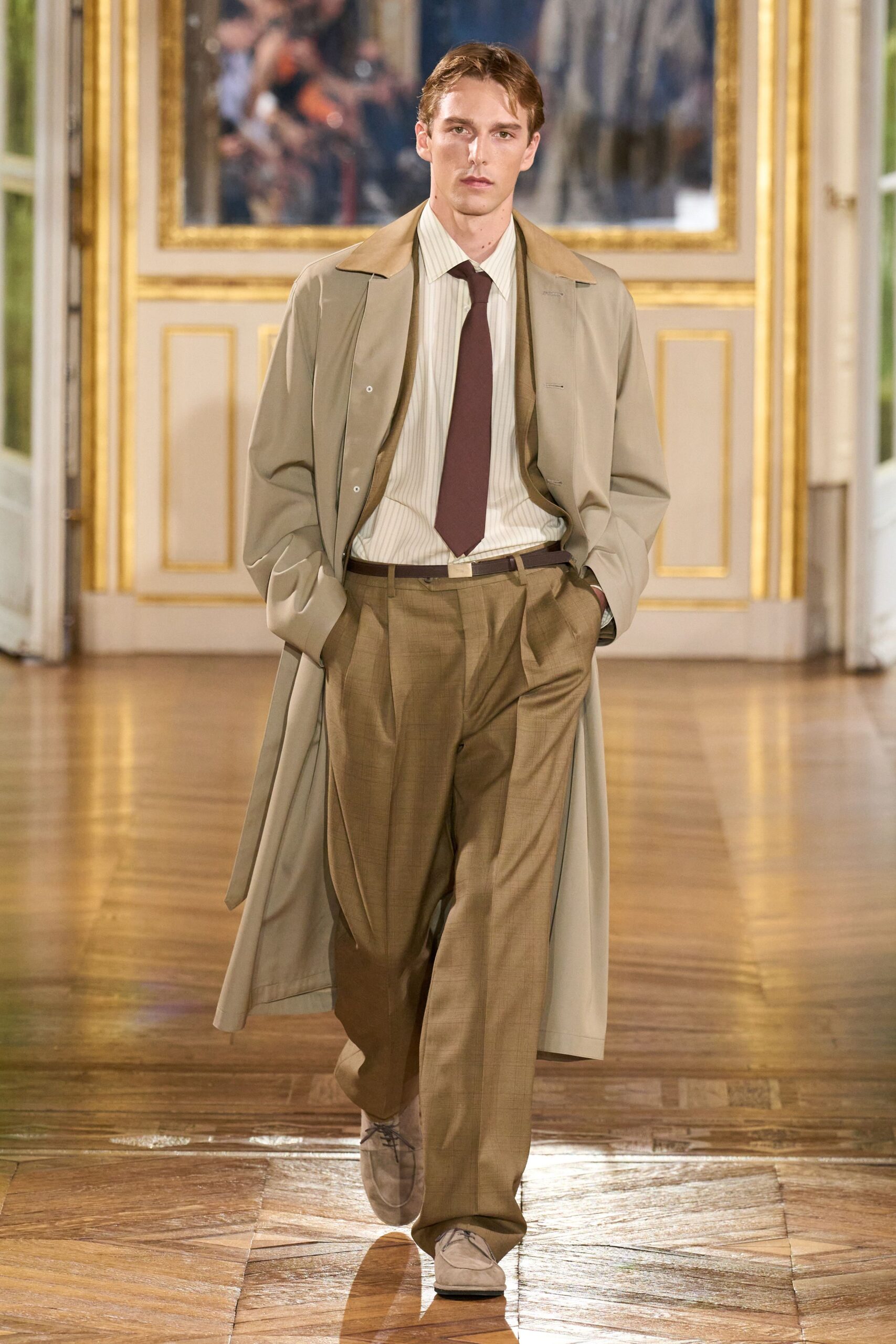 brown cotton tailored pleated pants