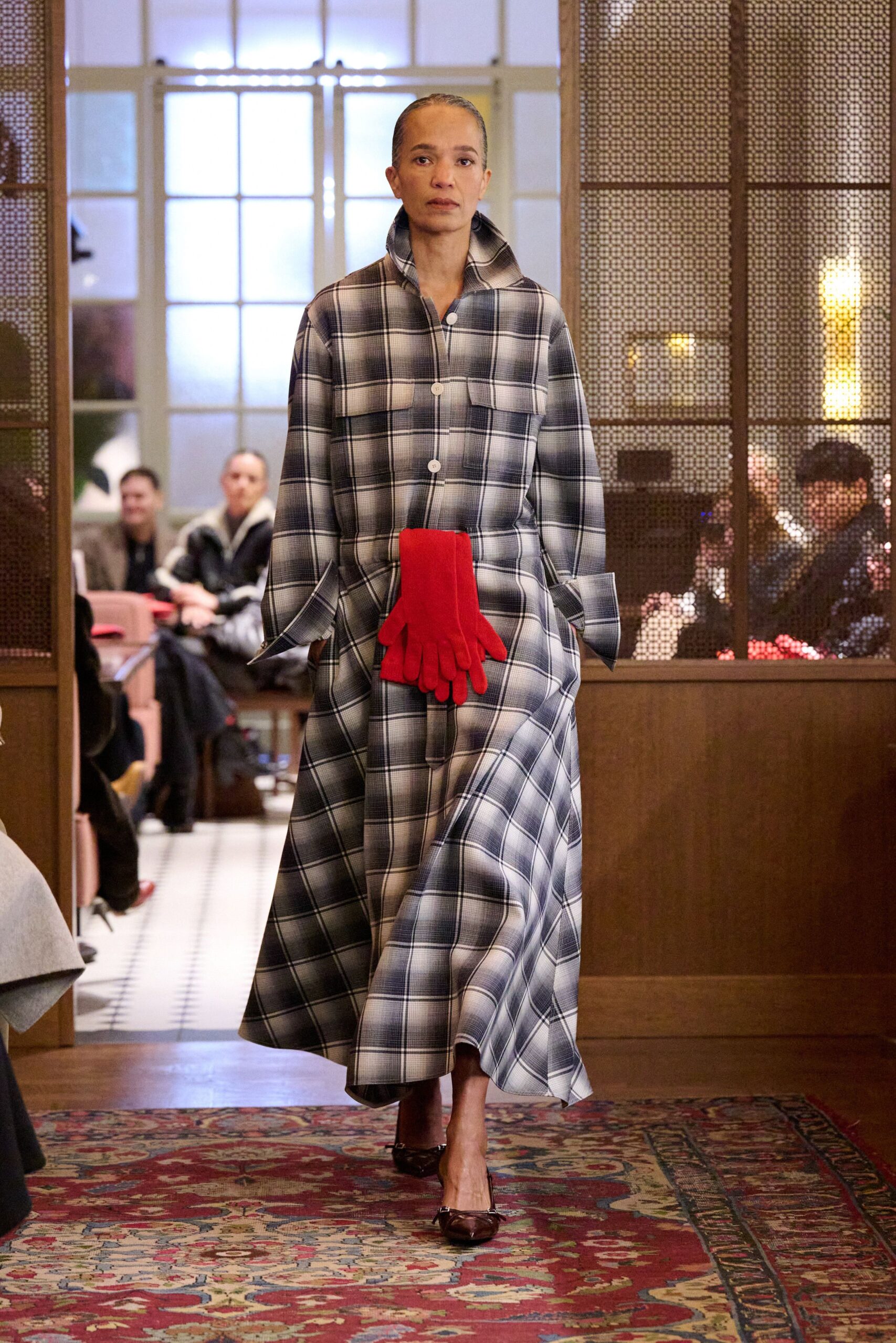 blue and white checked midi dress