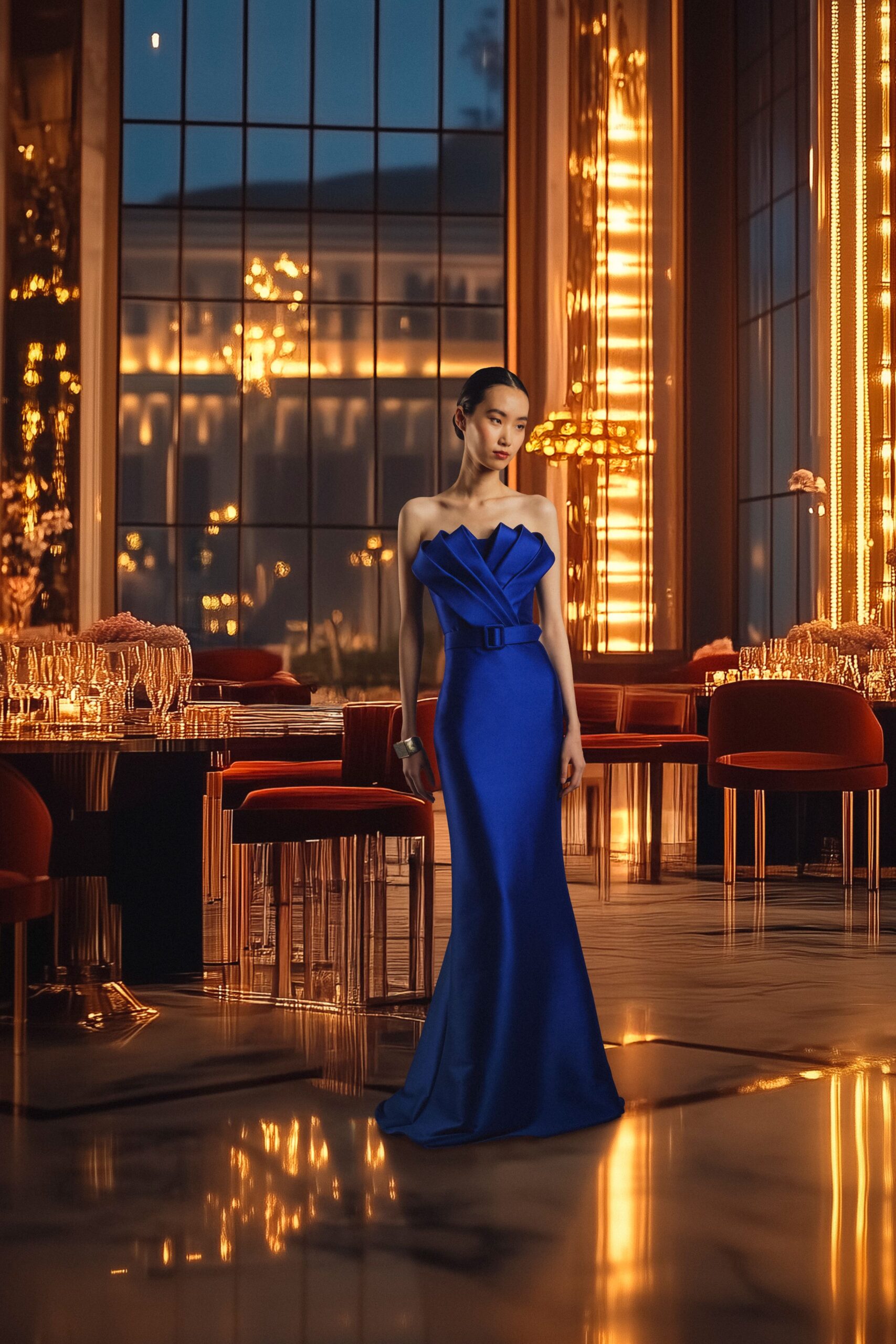 blue silk strapless gown
