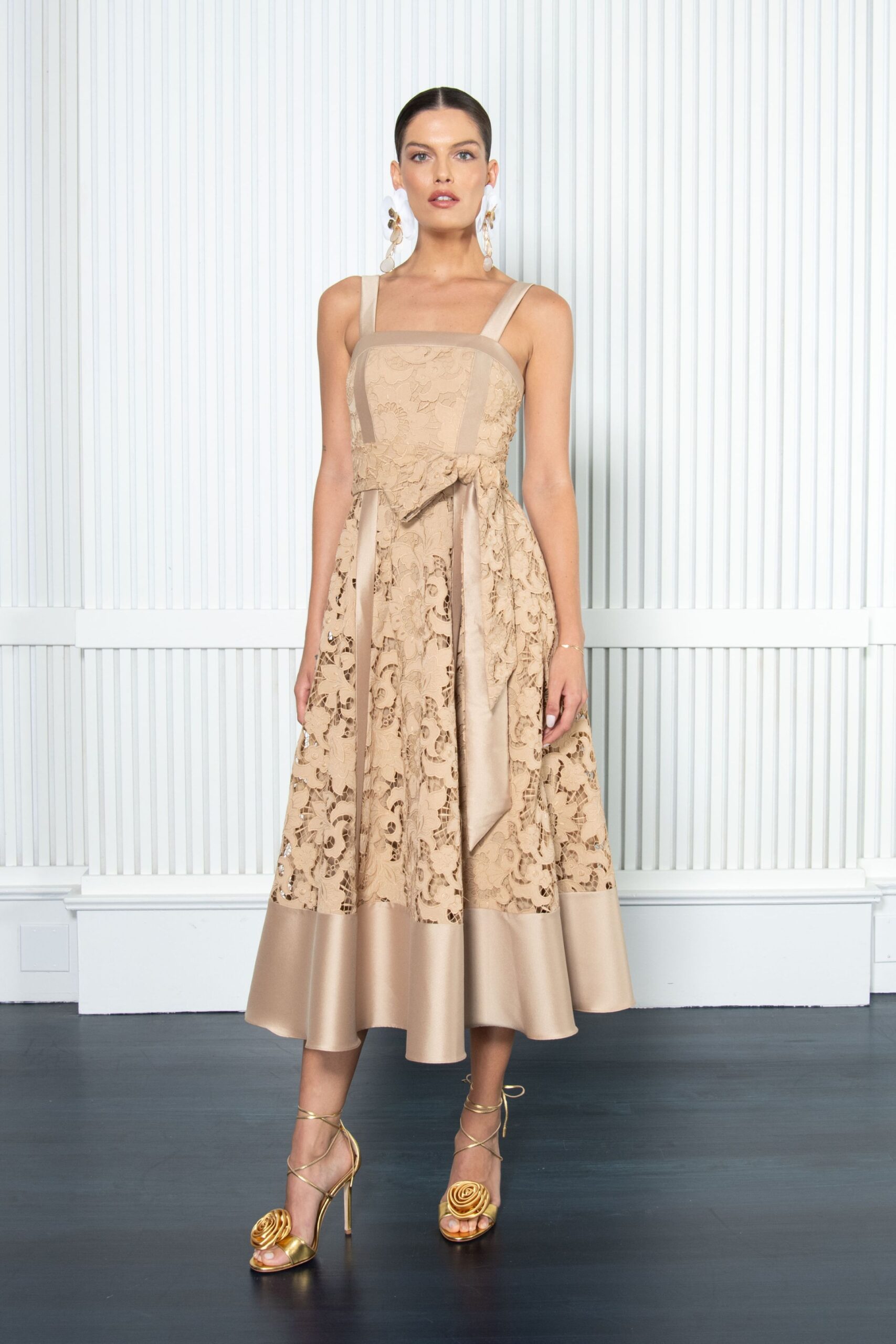 beige silk sleeveless square-neck fitted embroidered tiered dress