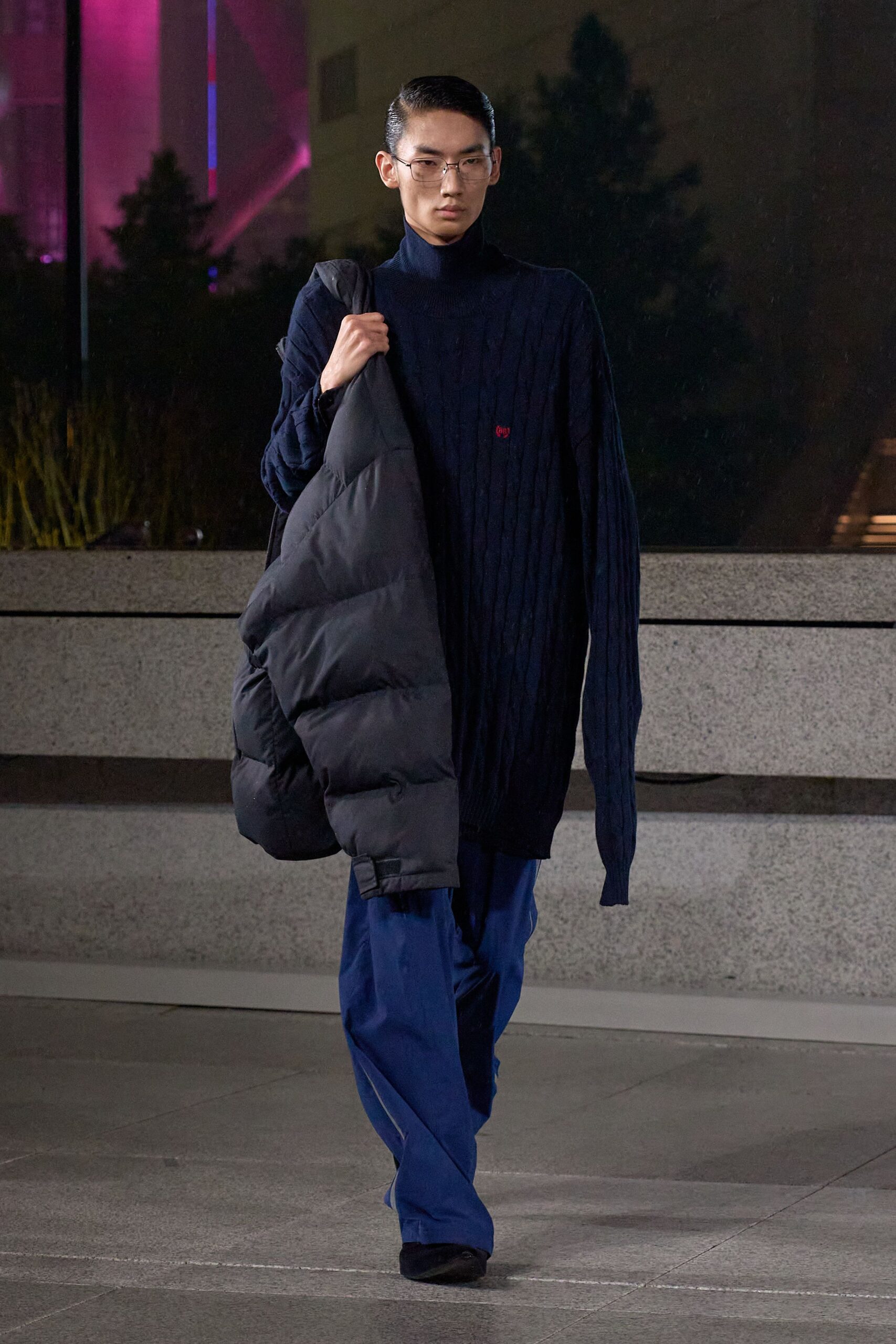 blue cotton long-sleeve turtleneck oversized ribbed sweater