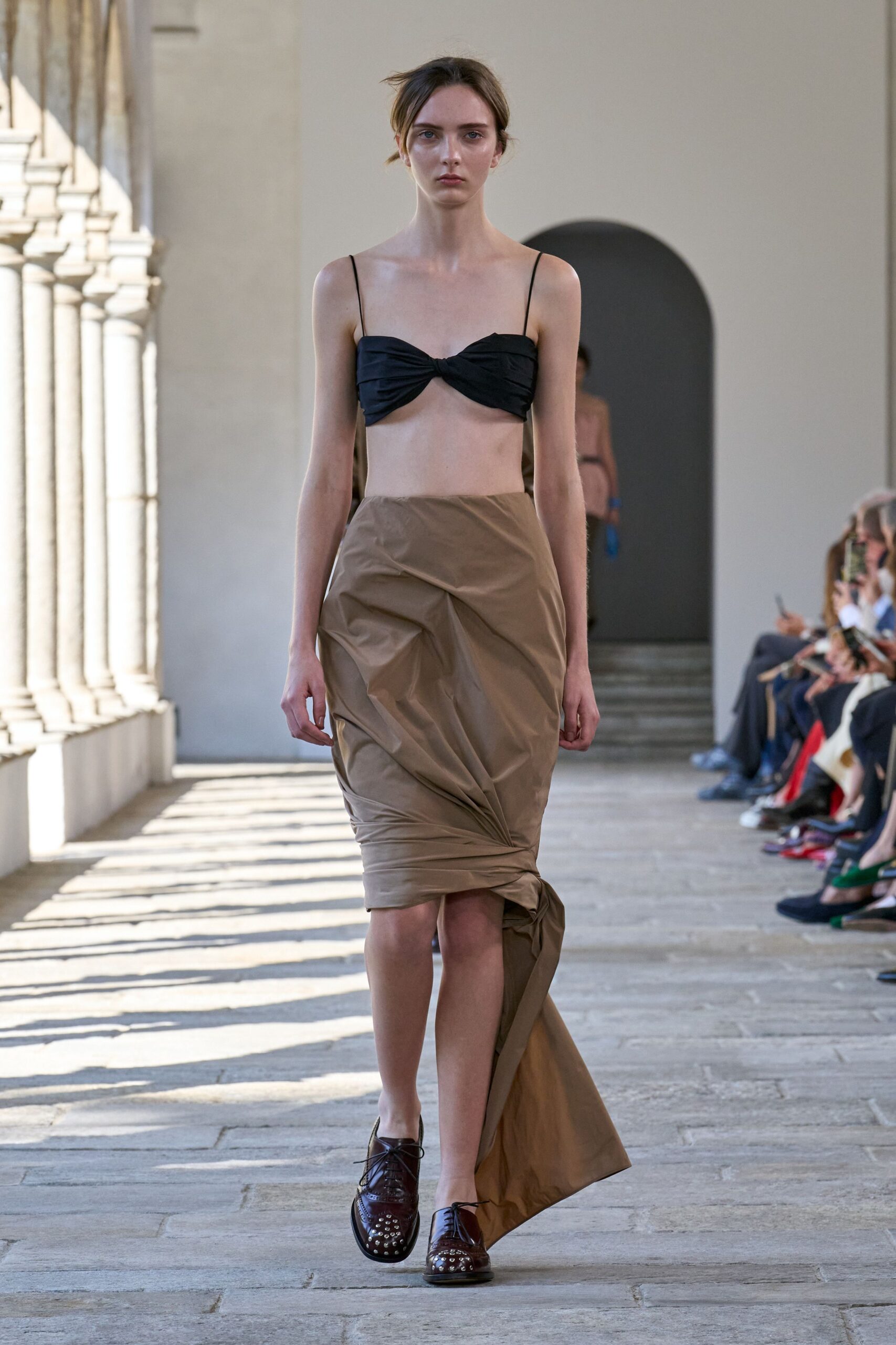 brown cotton fitted high-waisted ruched midi skirt