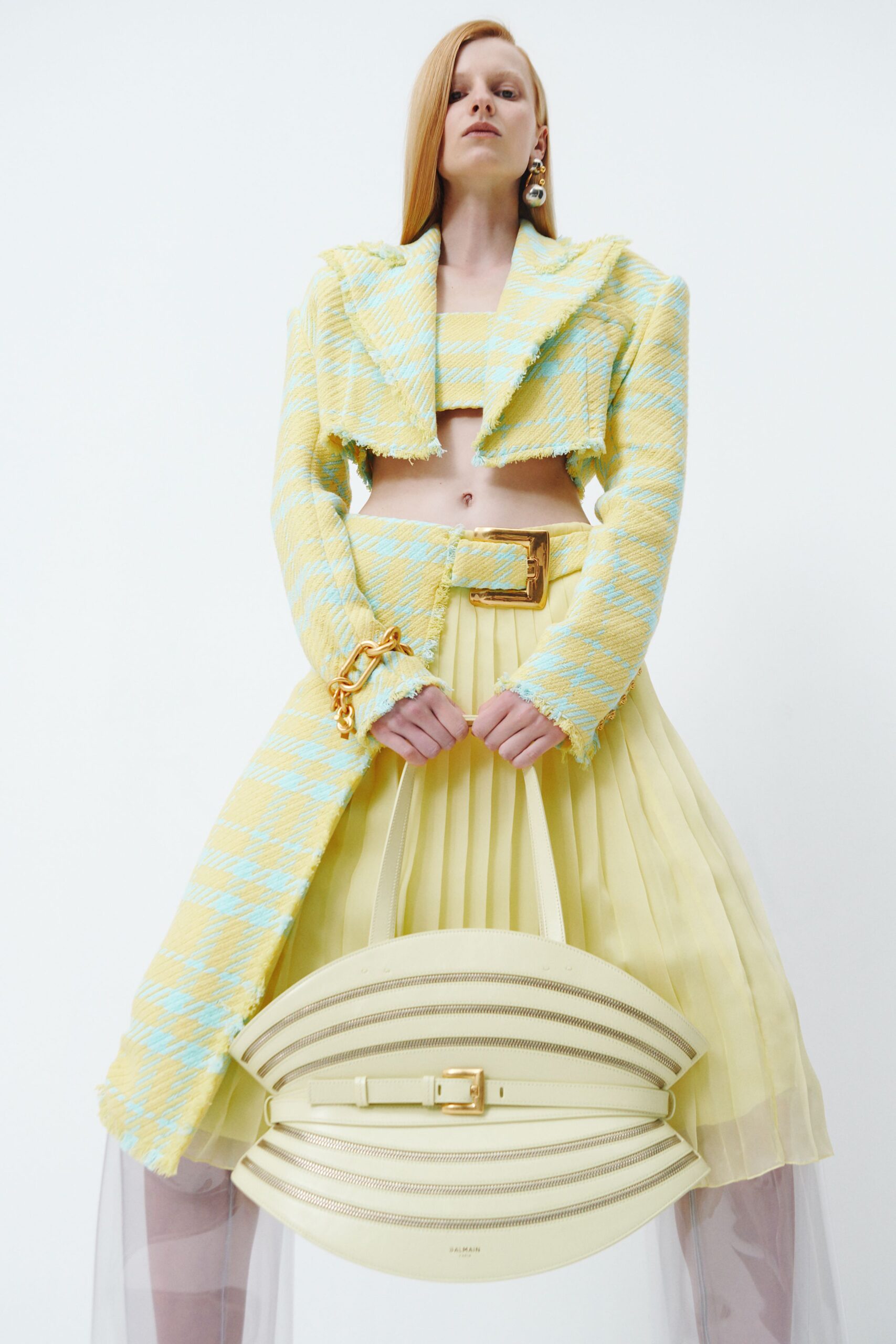 yellow tweed long-sleeve collared structured fringed printed jacket